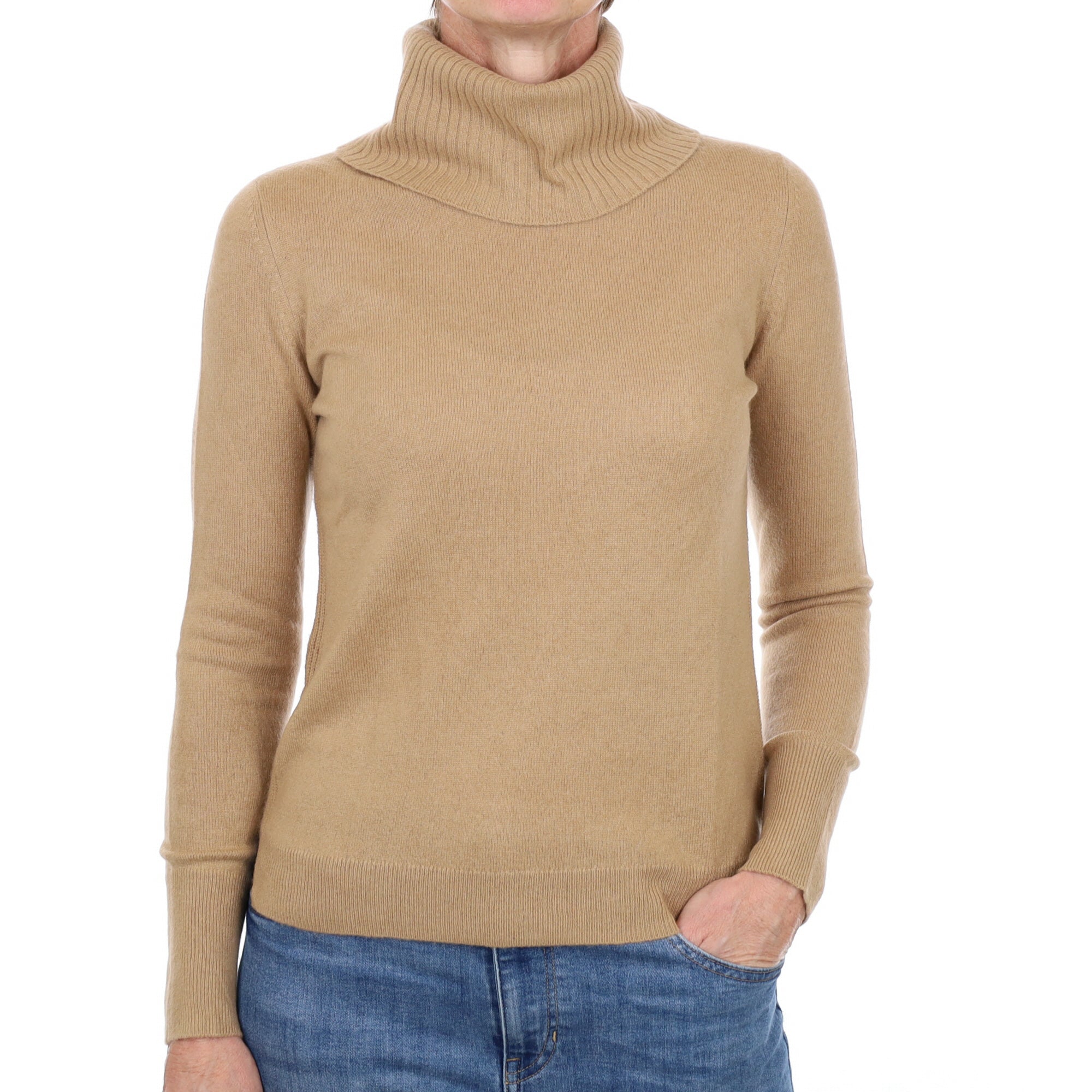 Camel Brown Cashmere Polo Neck Jumper Small