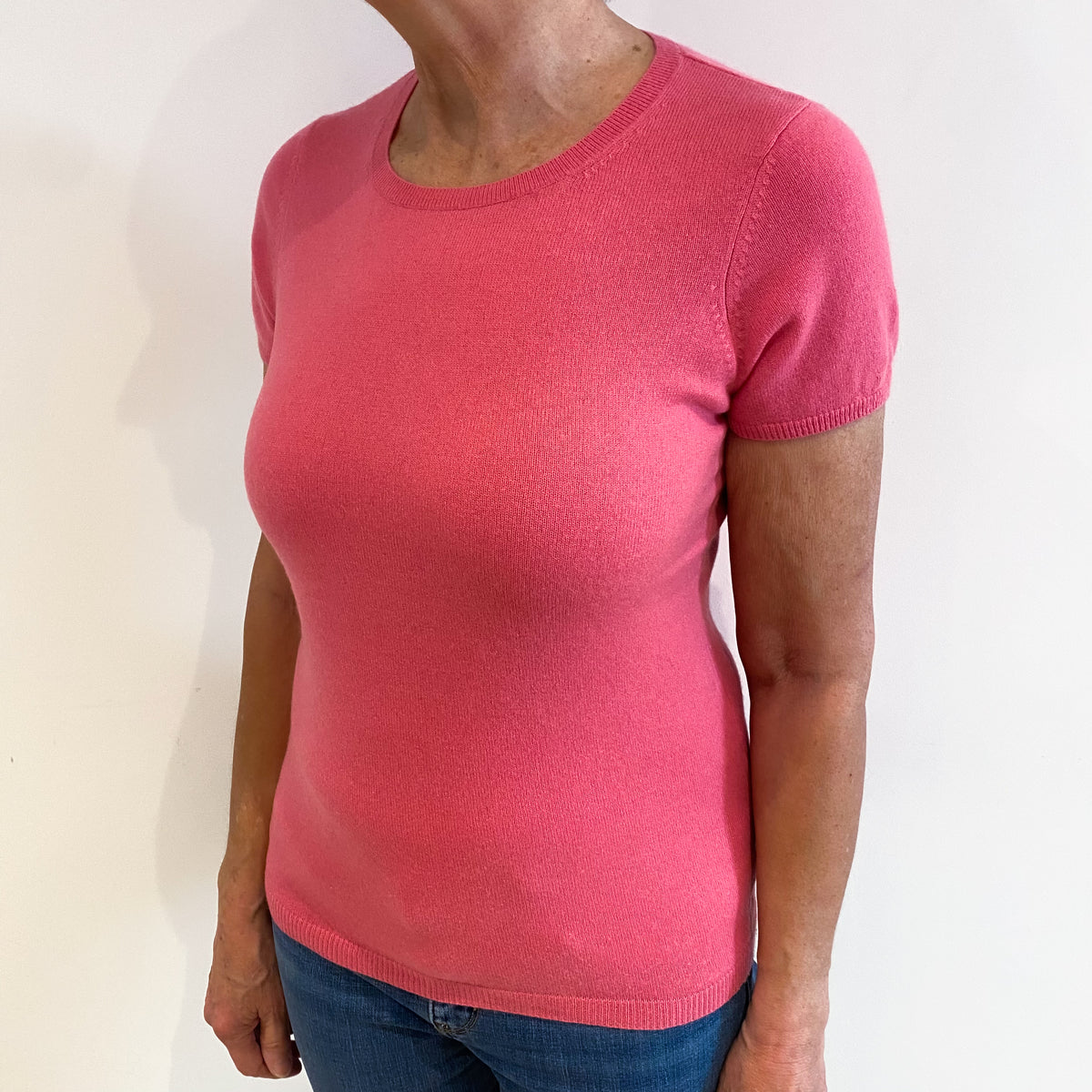 Bubblegum Pink Cashmere Short Sleeved Crew Neck Jumper Medium