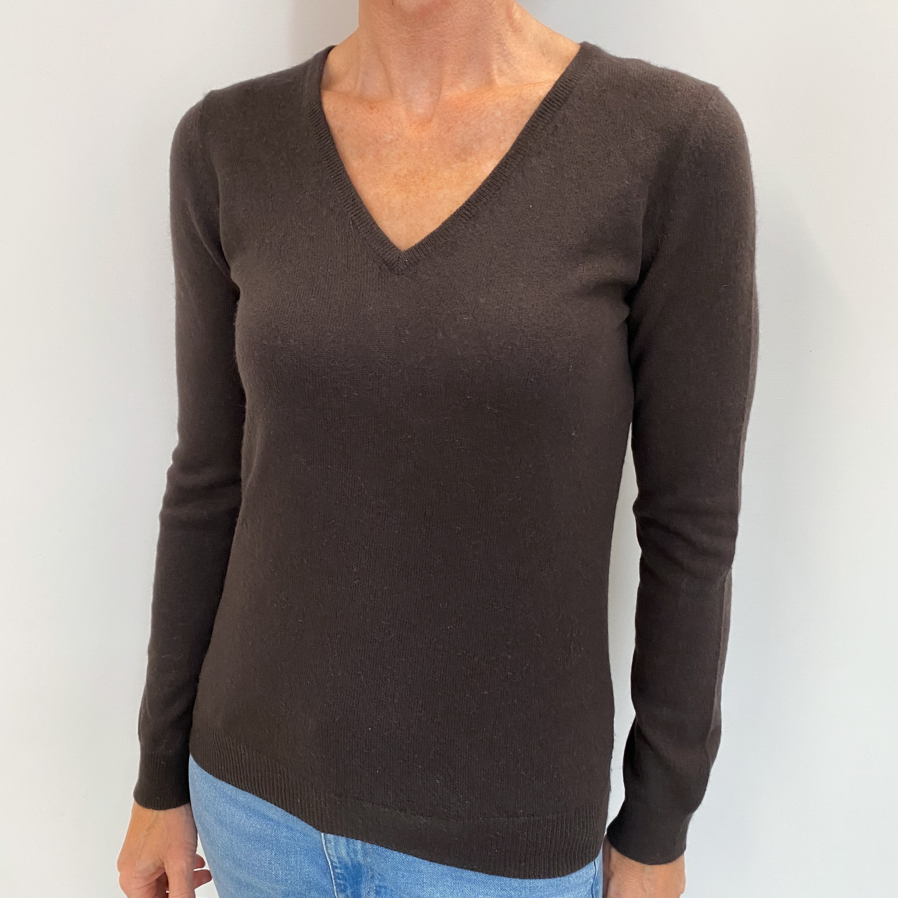 Peppercorn Brown Cashmere V Neck Jumper Small