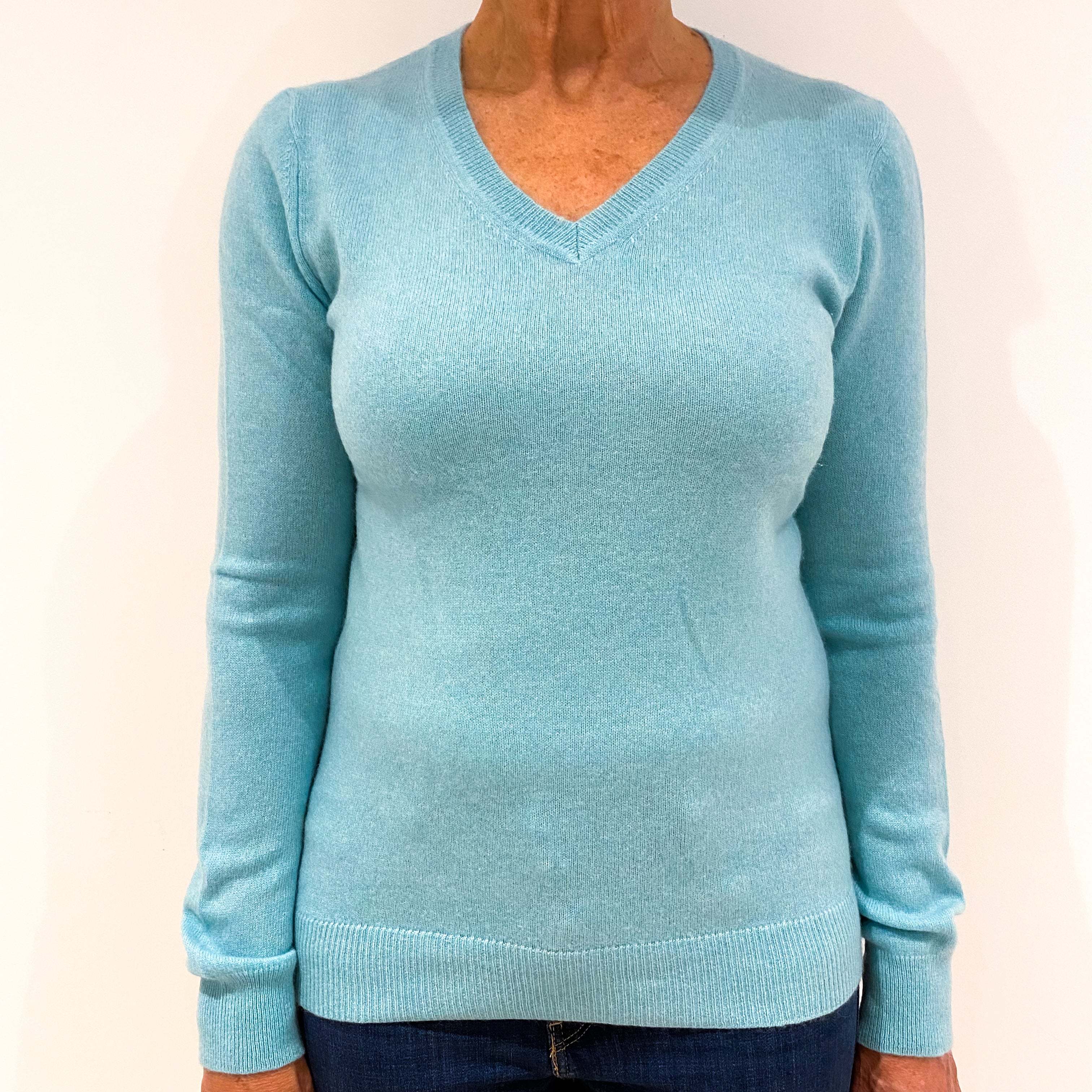 Aqua Blue Cashmere V-Neck Jumper Medium