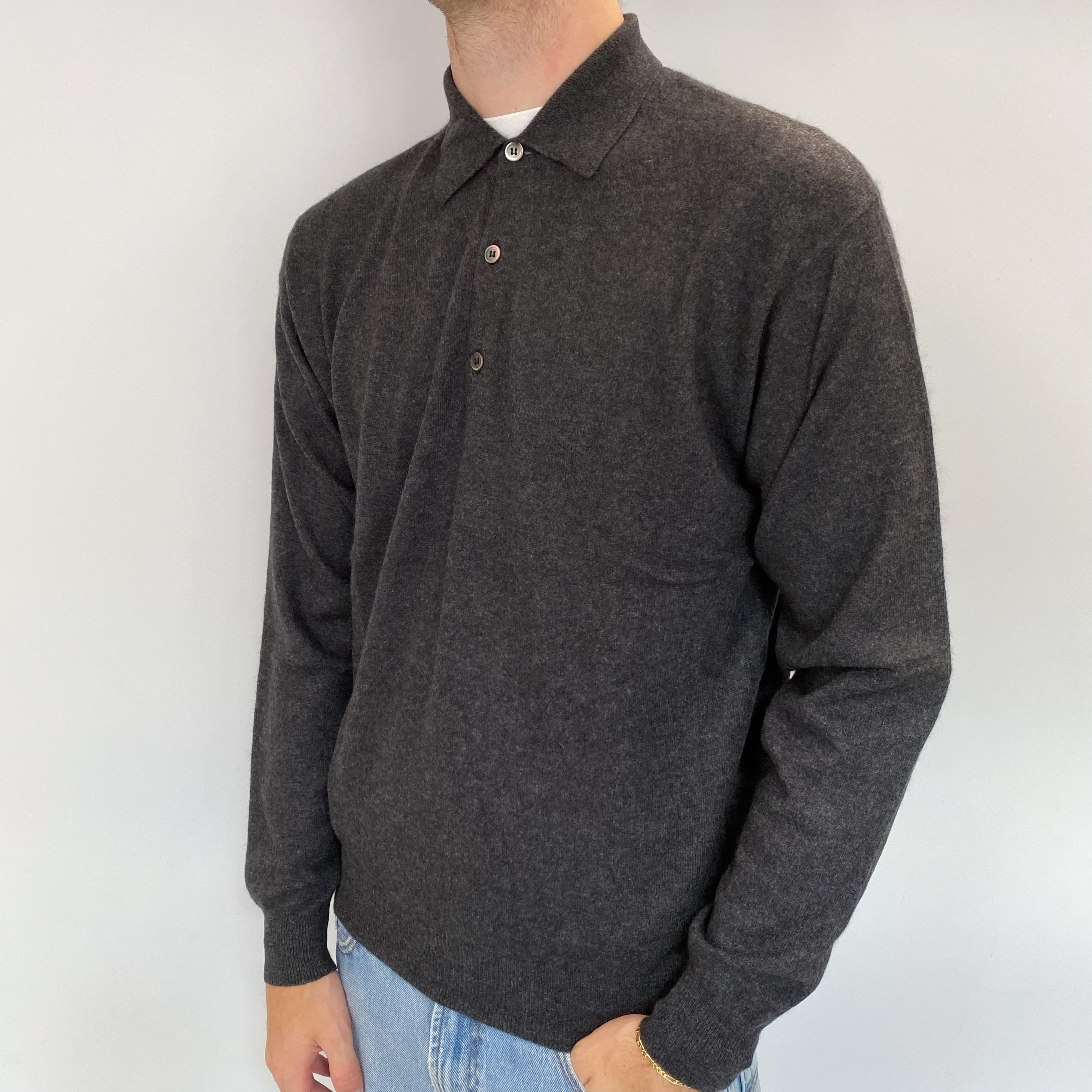 Men's Charcoal Grey Cashmere 1/4 Button Jumper Medium