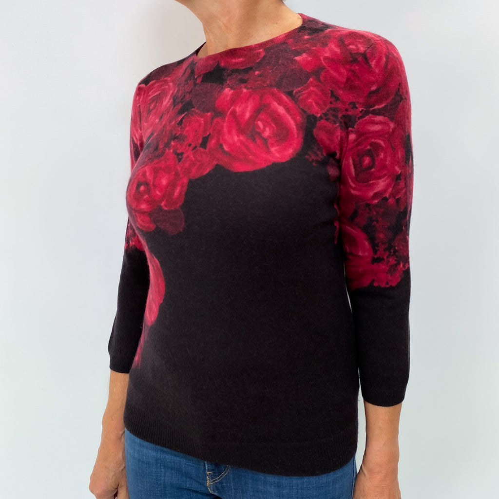 Black and Cranberry Pink Cashmere Crew Neck Jumper Medium