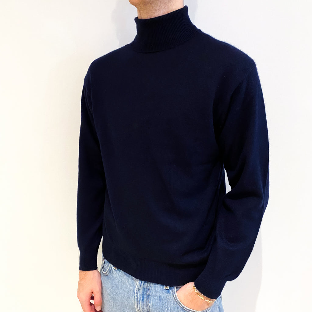 Men's Navy Blue Cashmere Polo Neck Jumper Large