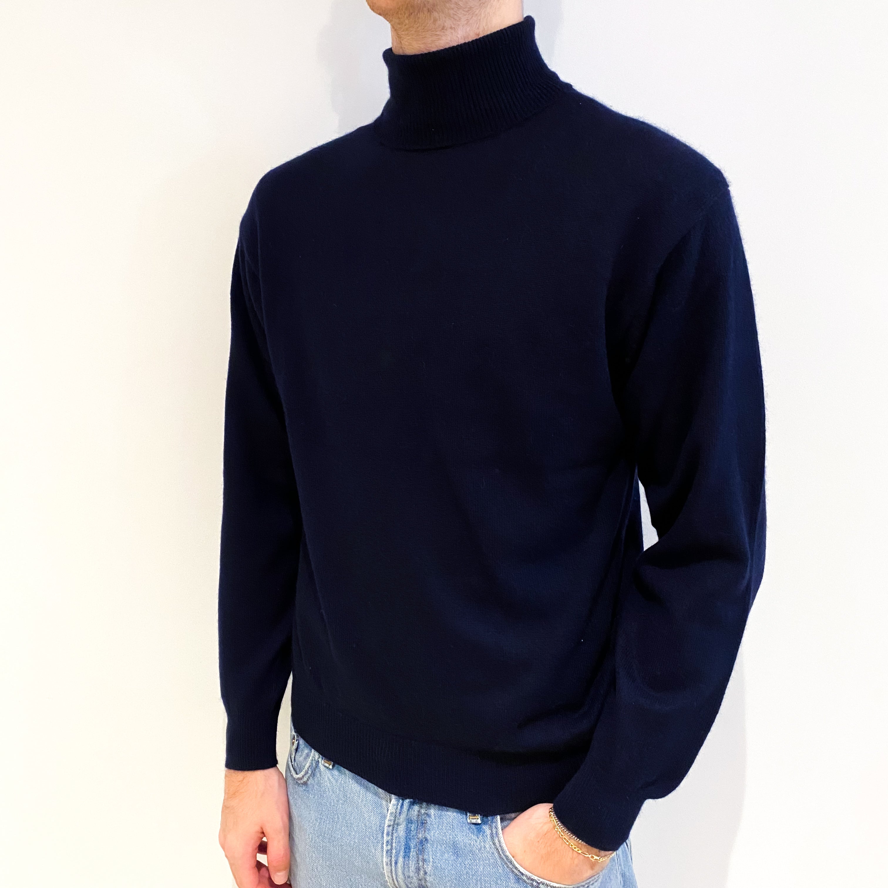 Men's Navy Blue Cashmere Polo Neck Jumper Large