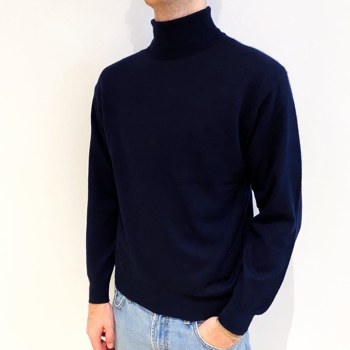 Men's Navy Blue Cashmere Polo Neck Jumper Large
