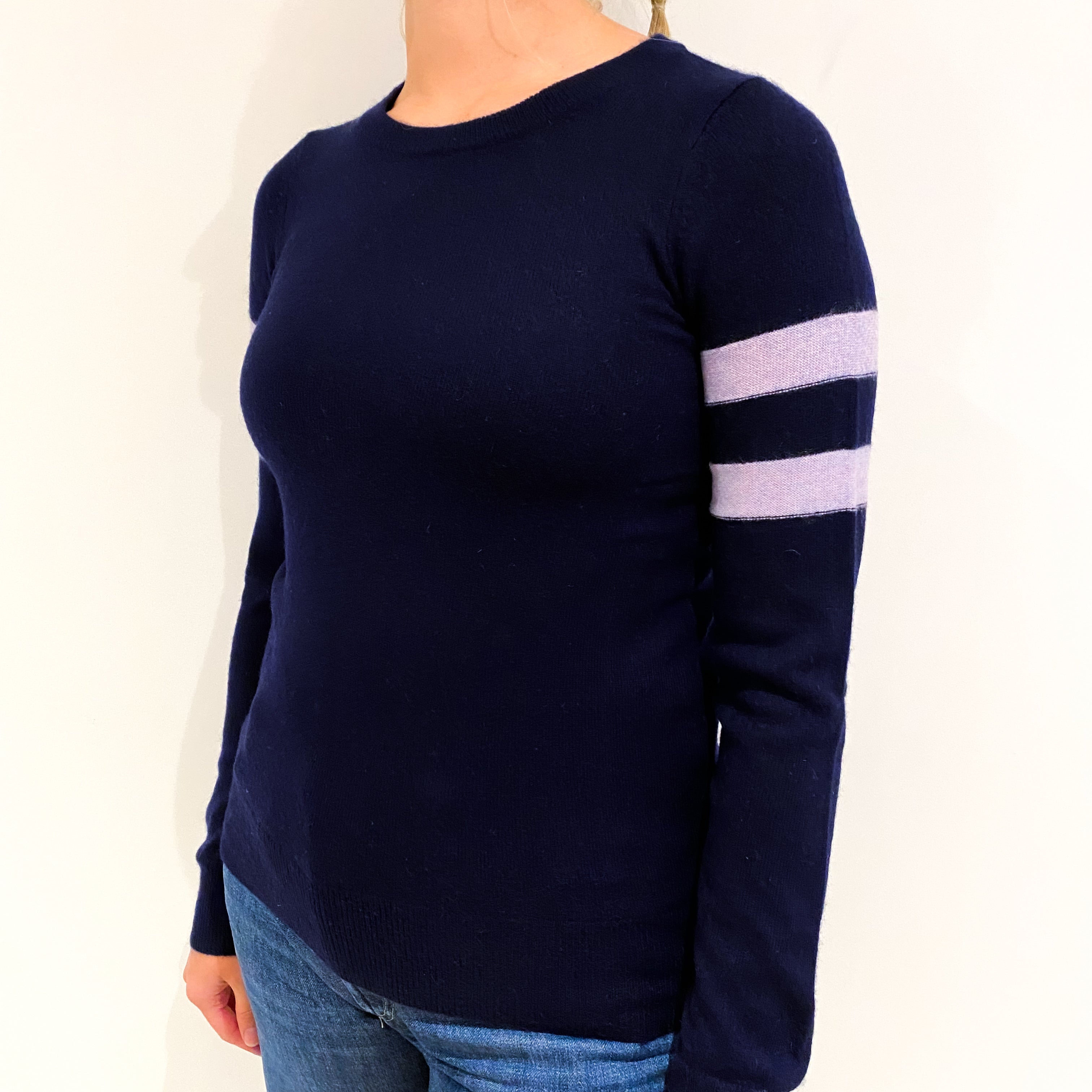 Navy Lilac Stripe Cashmere Crew Neck Jumper Small