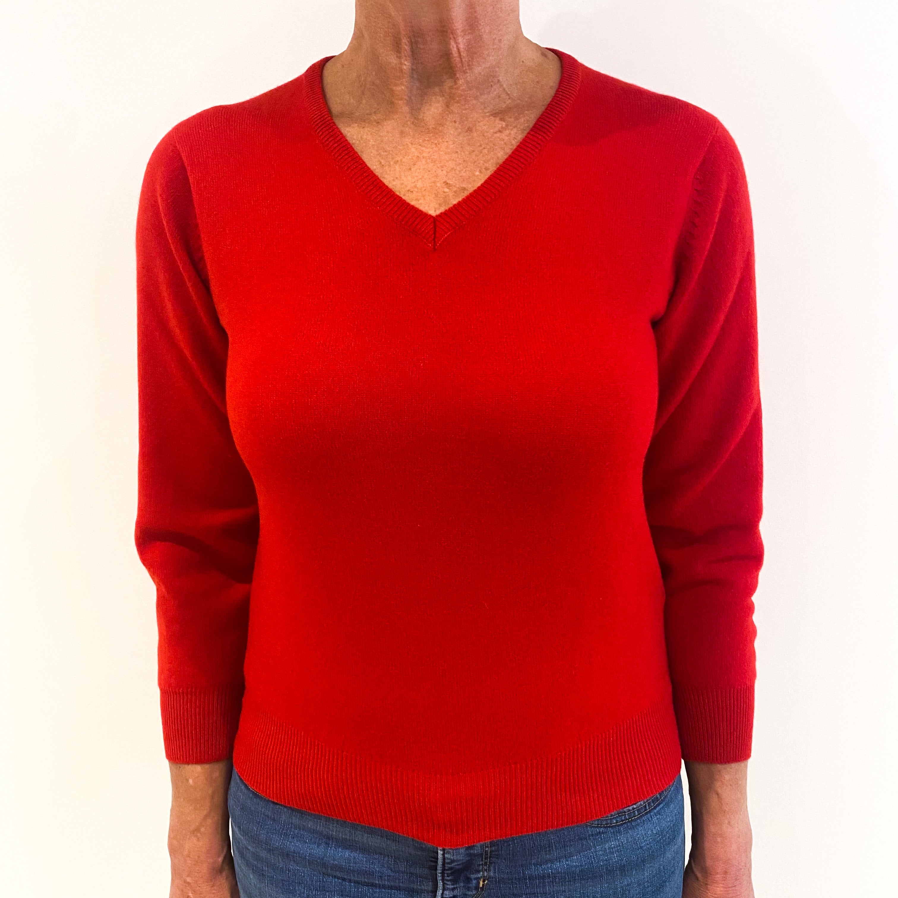 Post Box Red 3/4 Sleeved Cashmere V-Neck Jumper Medium
