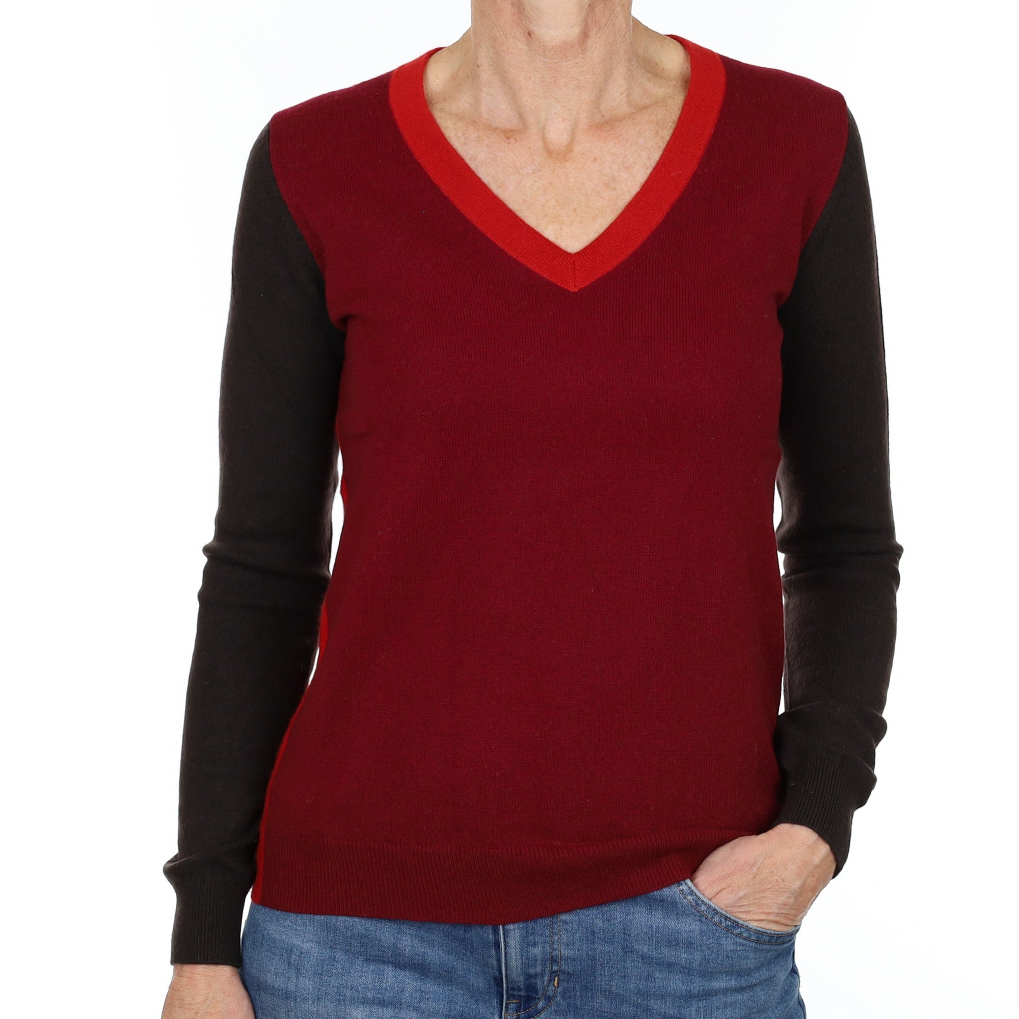 Burgundy Colour Block Cashmere V Neck Jumper Small