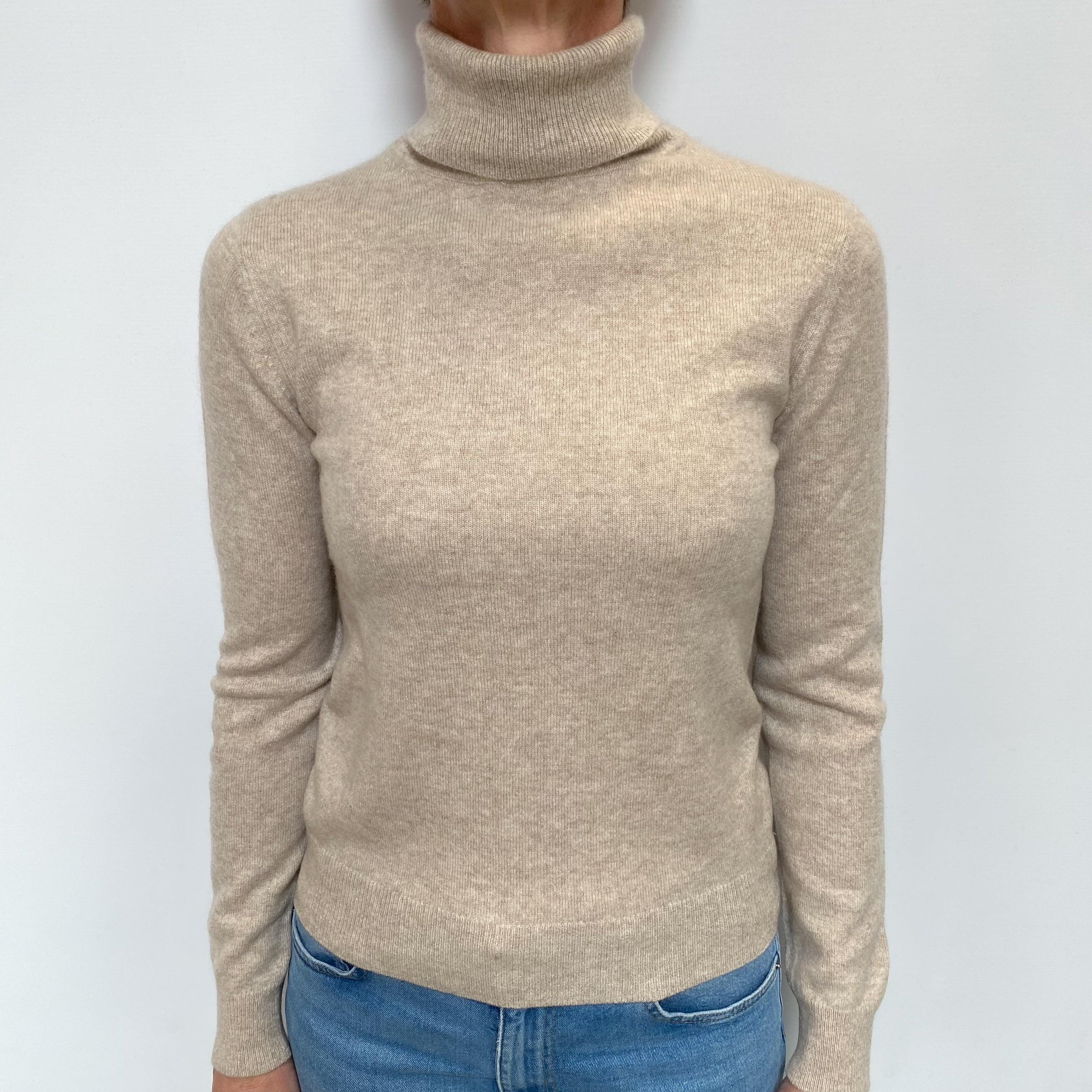 Fawn Grey Cashmere Polo Neck Jumper Small