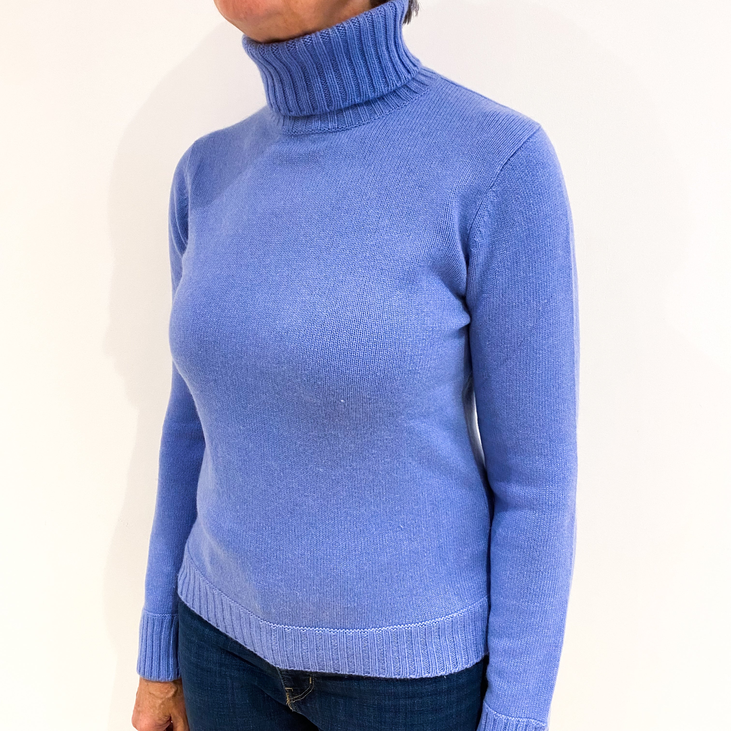 Cornflower Blue Cashmere Polo Neck Jumper Medium