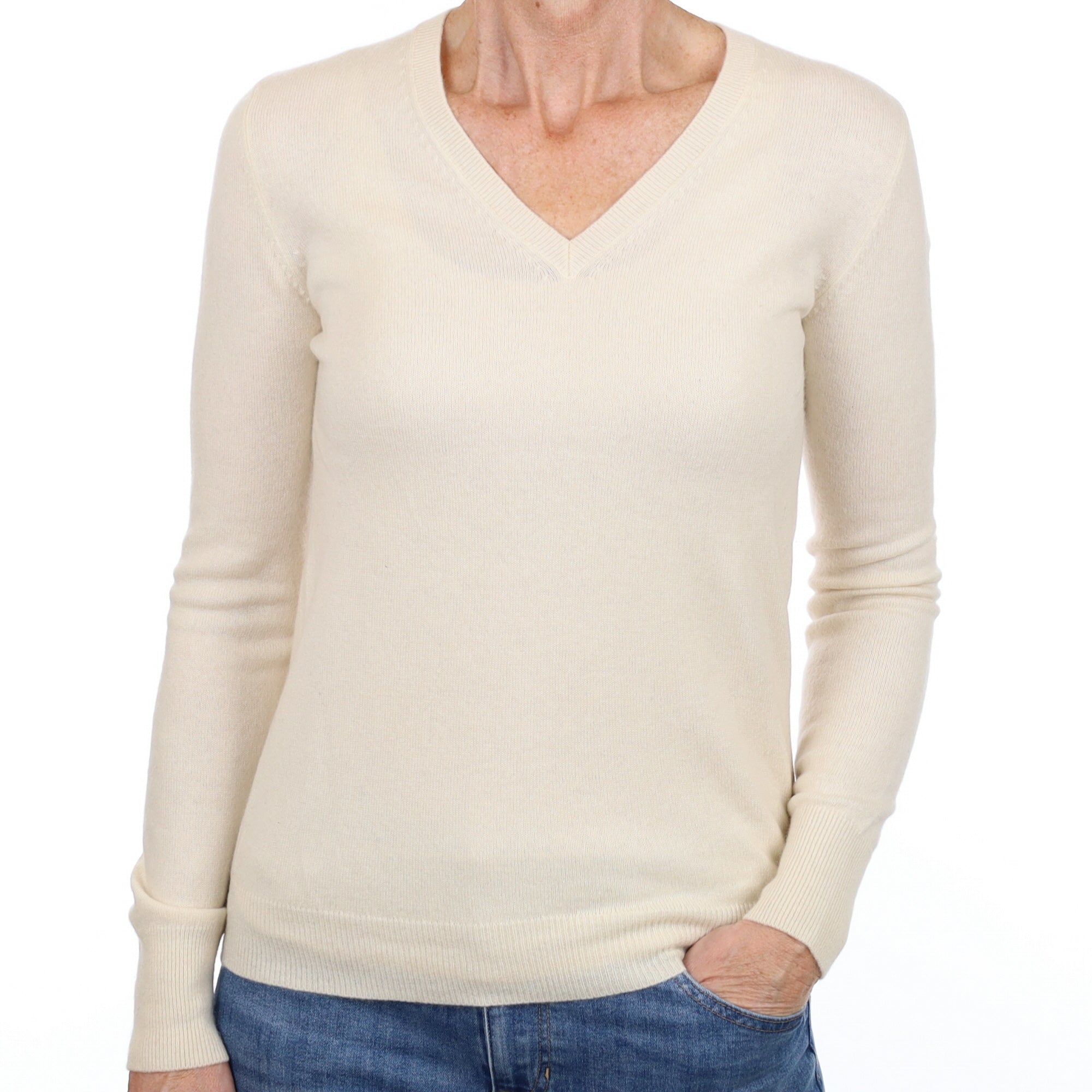 Vanilla Cream Cashmere V Neck Jumper Small