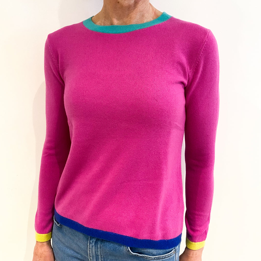 Hot Pink With Colourful Trim Cashmere Crew Neck Jumper Small
