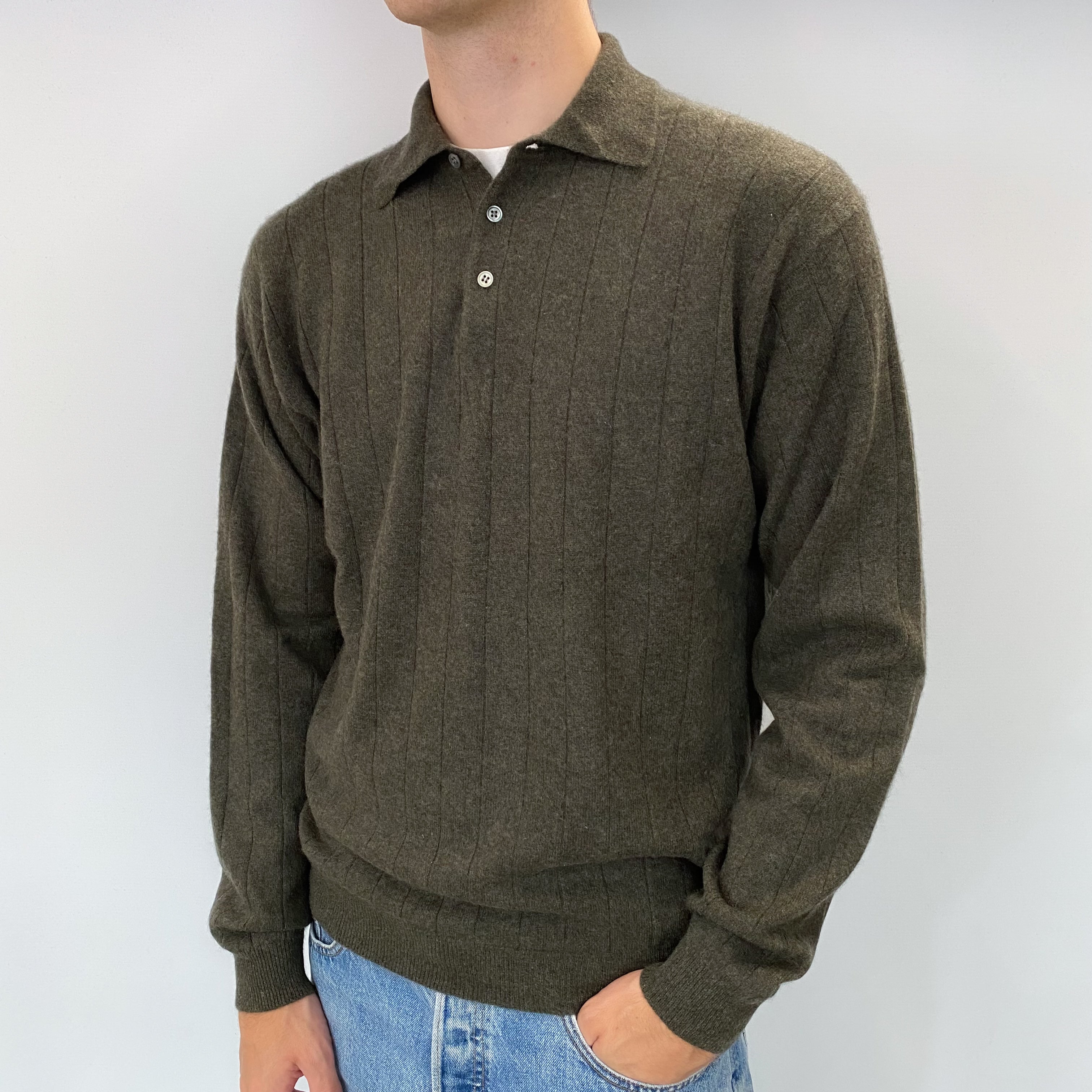 Men's Khaki Green Cashmere Quarter Button Jumper Large