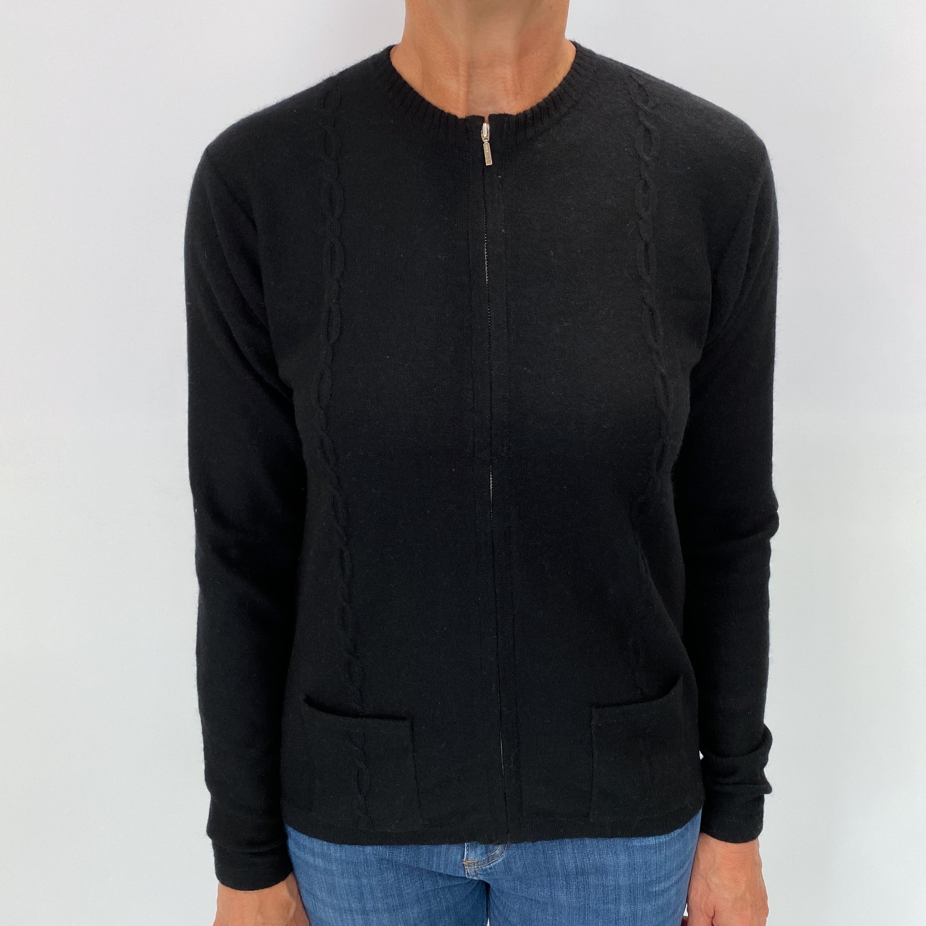 Black Cashmere Crew Neck Zip-Up Medium