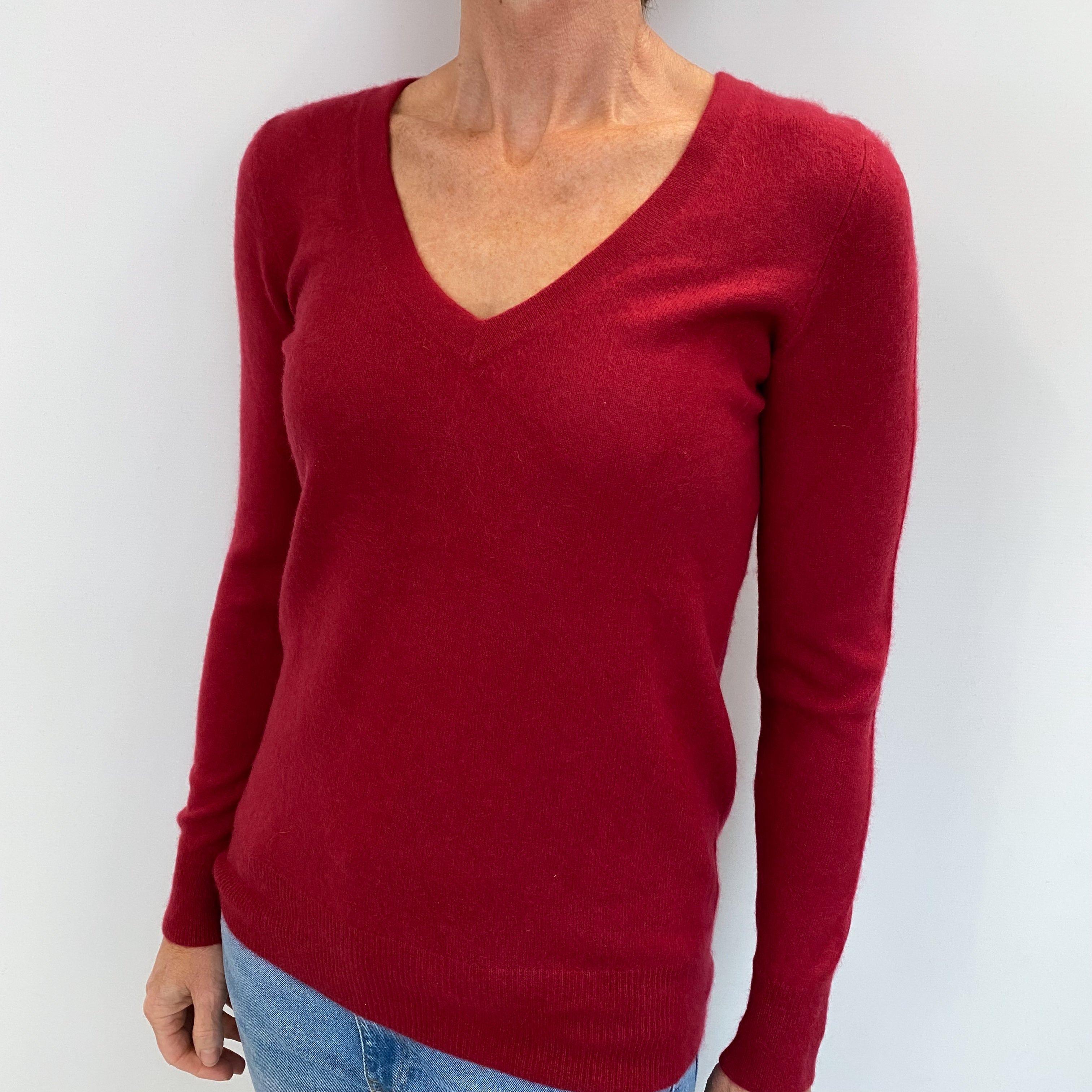 Ruby Red Cashmere V Neck Jumper Small