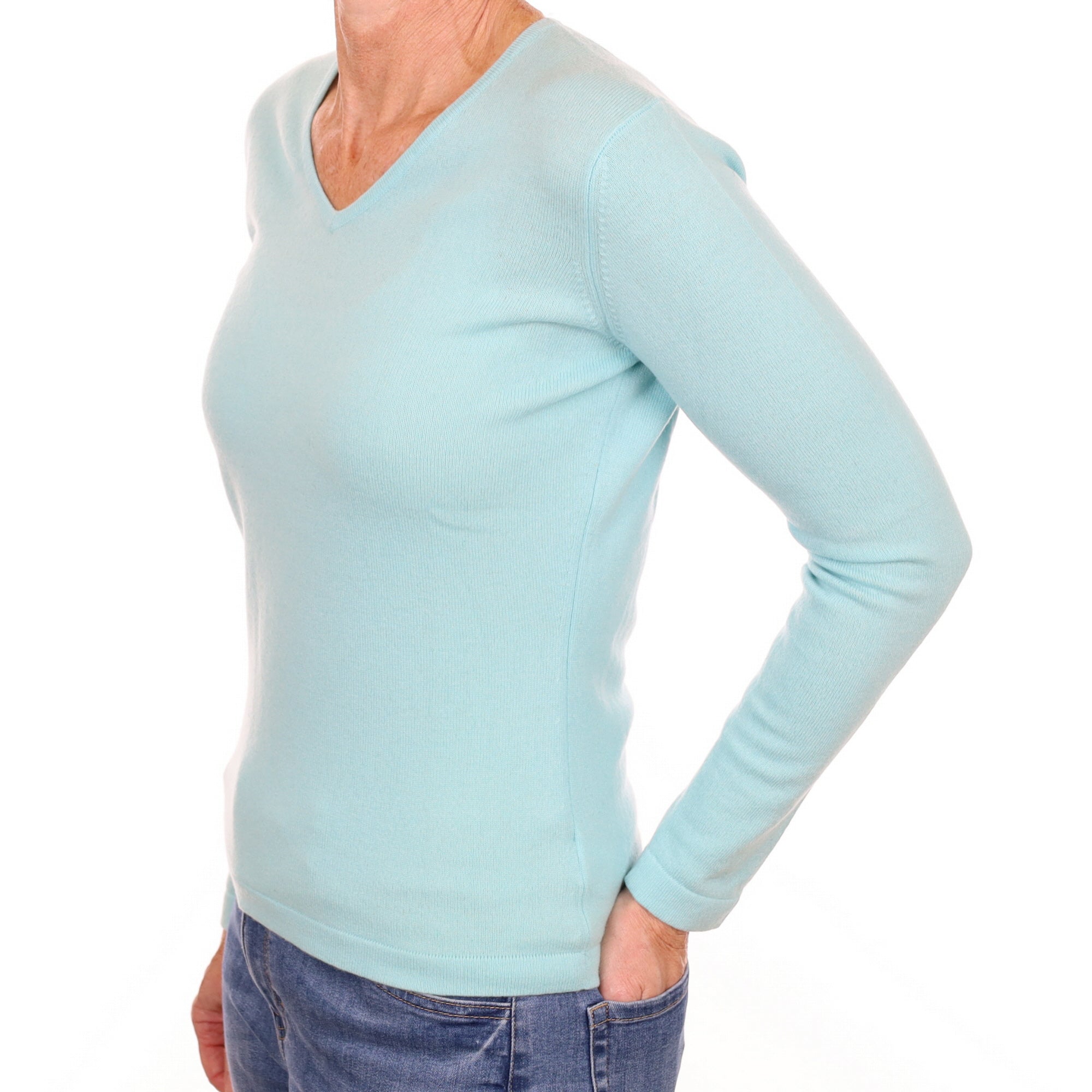 New Pale Aqua Blue Cashmere V Neck Small