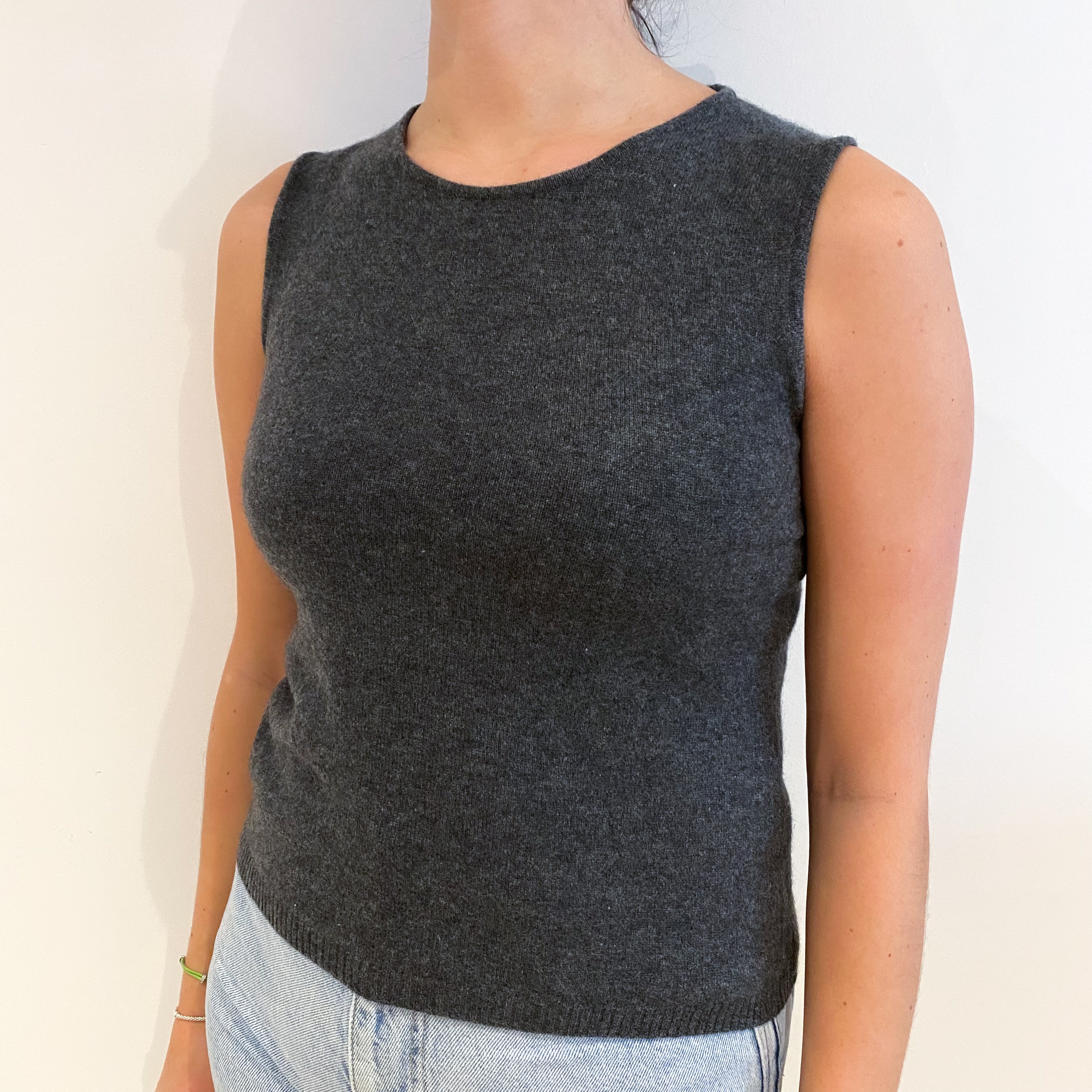 Charcoal Grey Cashmere Crew Neck Sleeveless Jumper Small