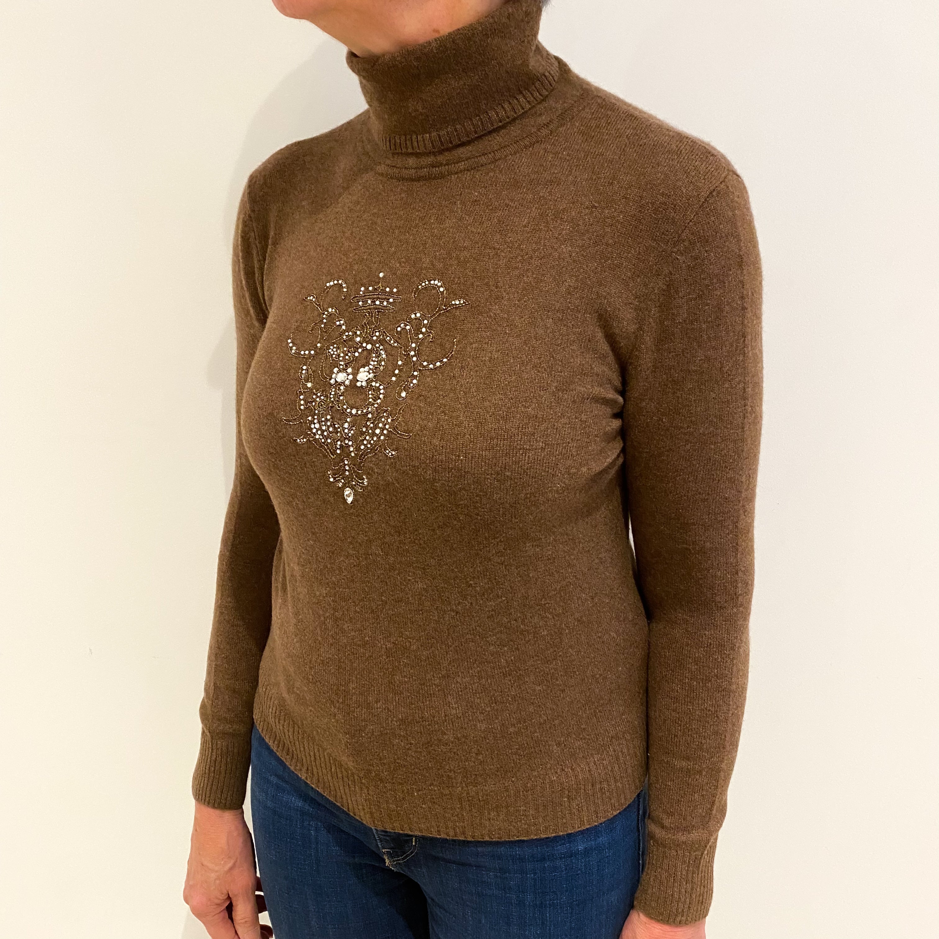 Pecan Brown With Diamanté Design Cashmere Polo Neck Jumper Medium