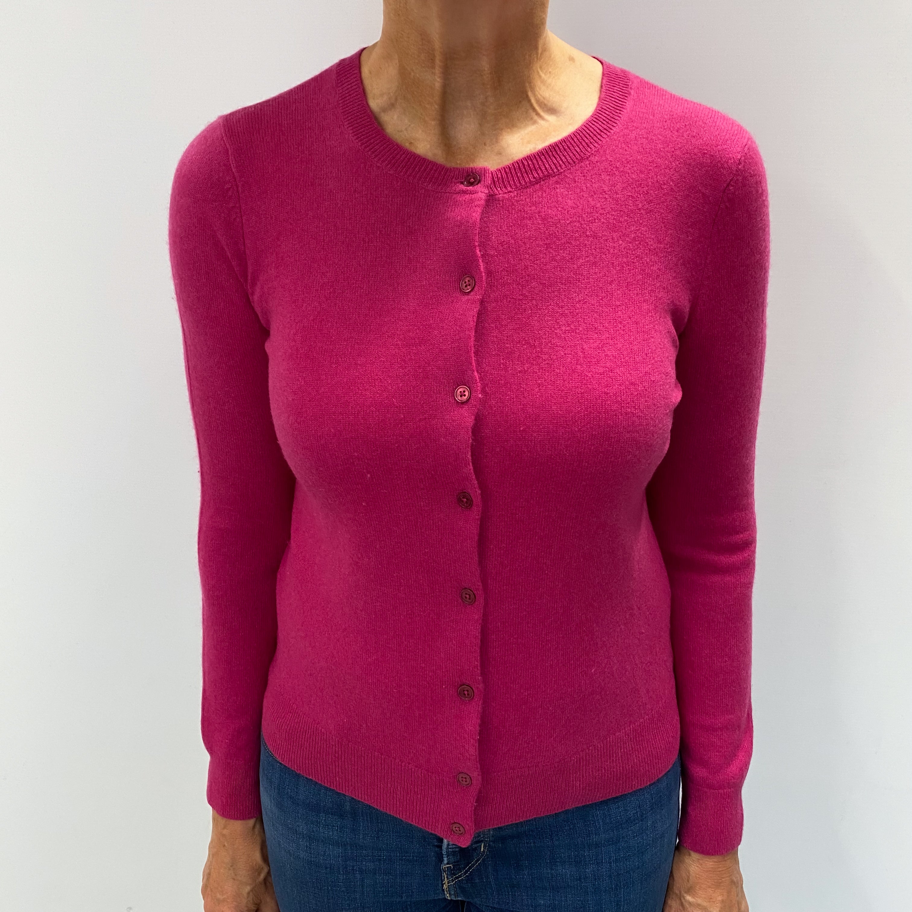 Fuchsia Pink Cashmere Crew Neck Cardigan Medium