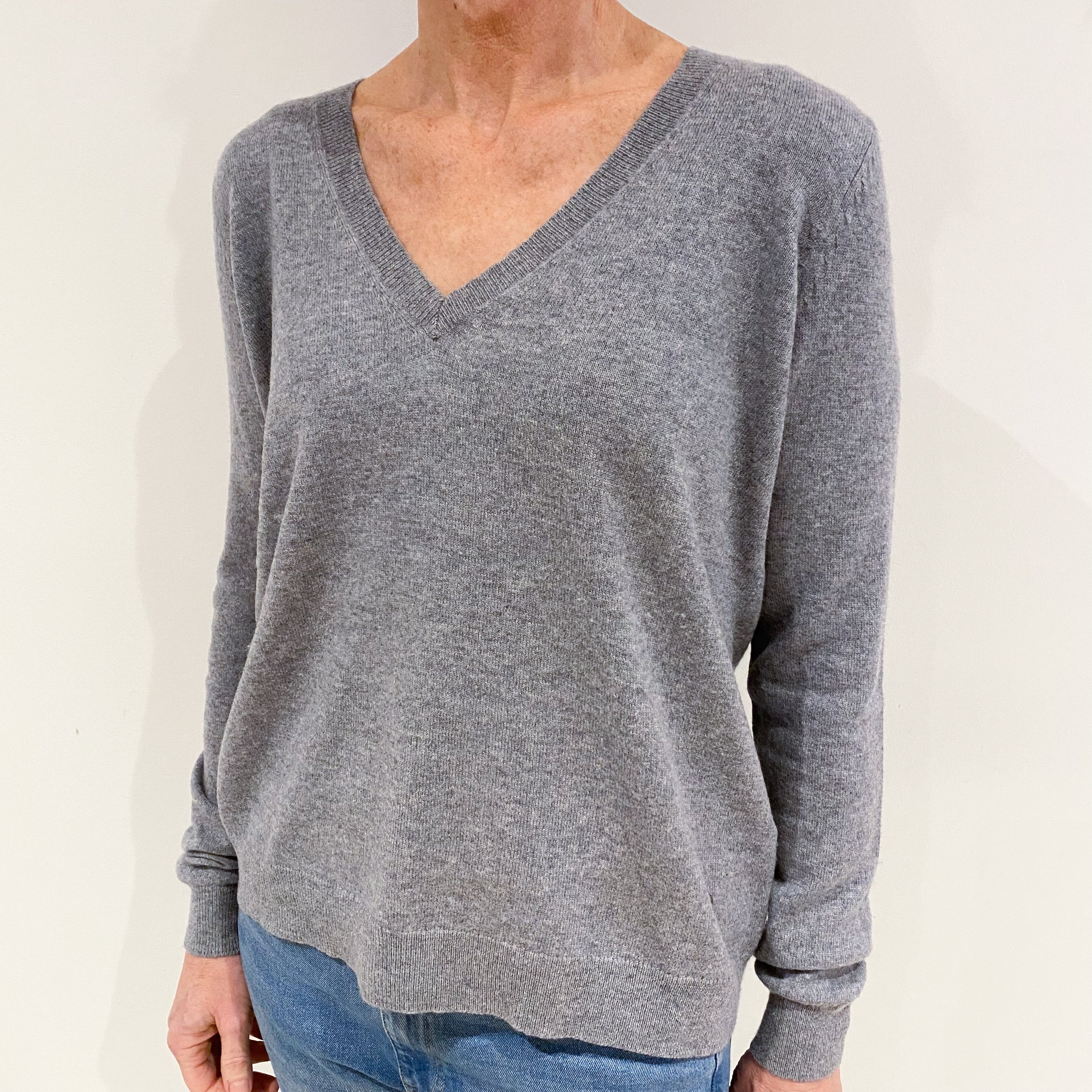 Ash Grey Slouchy Cashmere V Neck Jumper Small