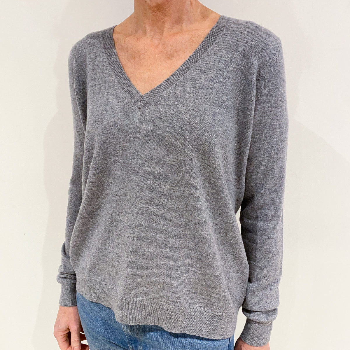 Ash Grey Slouchy Cashmere V Neck Jumper Small