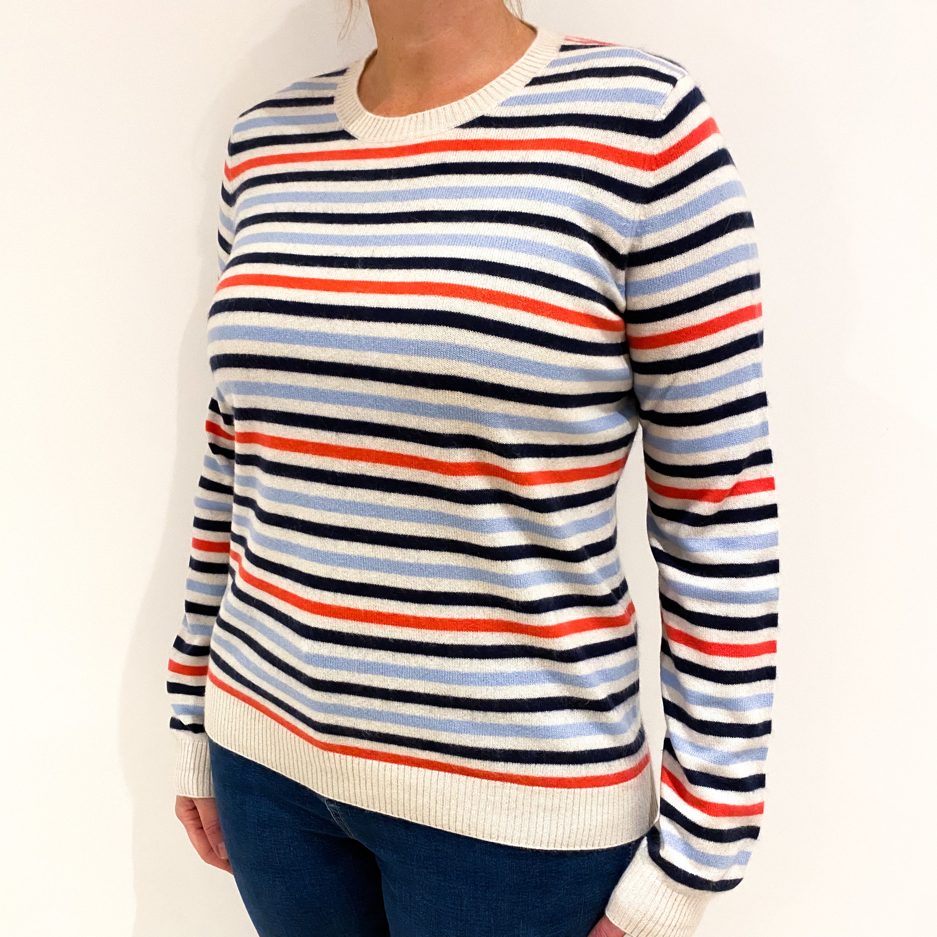 Coral Pink, Blue and Ivory Striped Cashmere Crew Neck Jumper Large