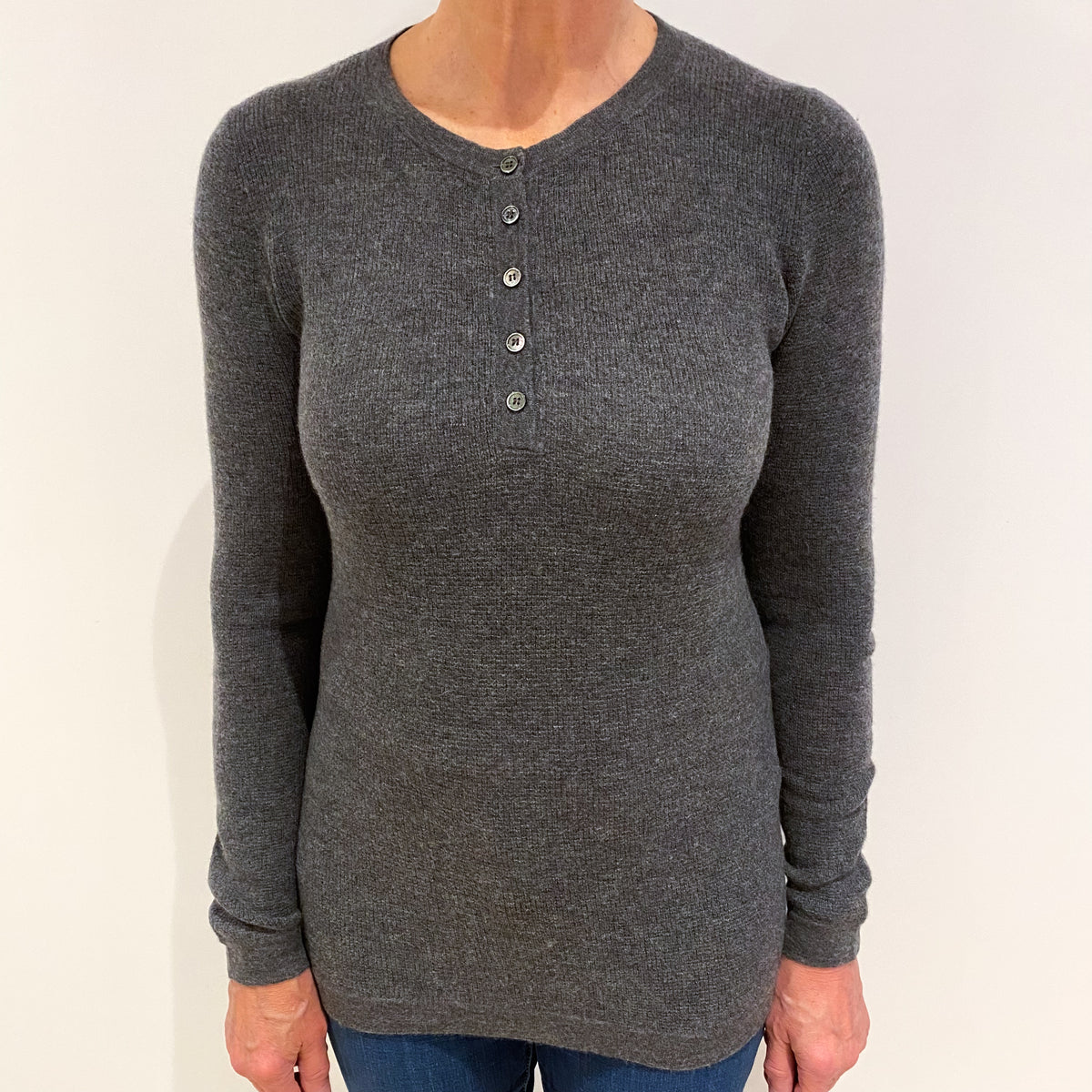 Slate Grey Textured Cashmere 1/4 Button Crew Neck Jumper Medium