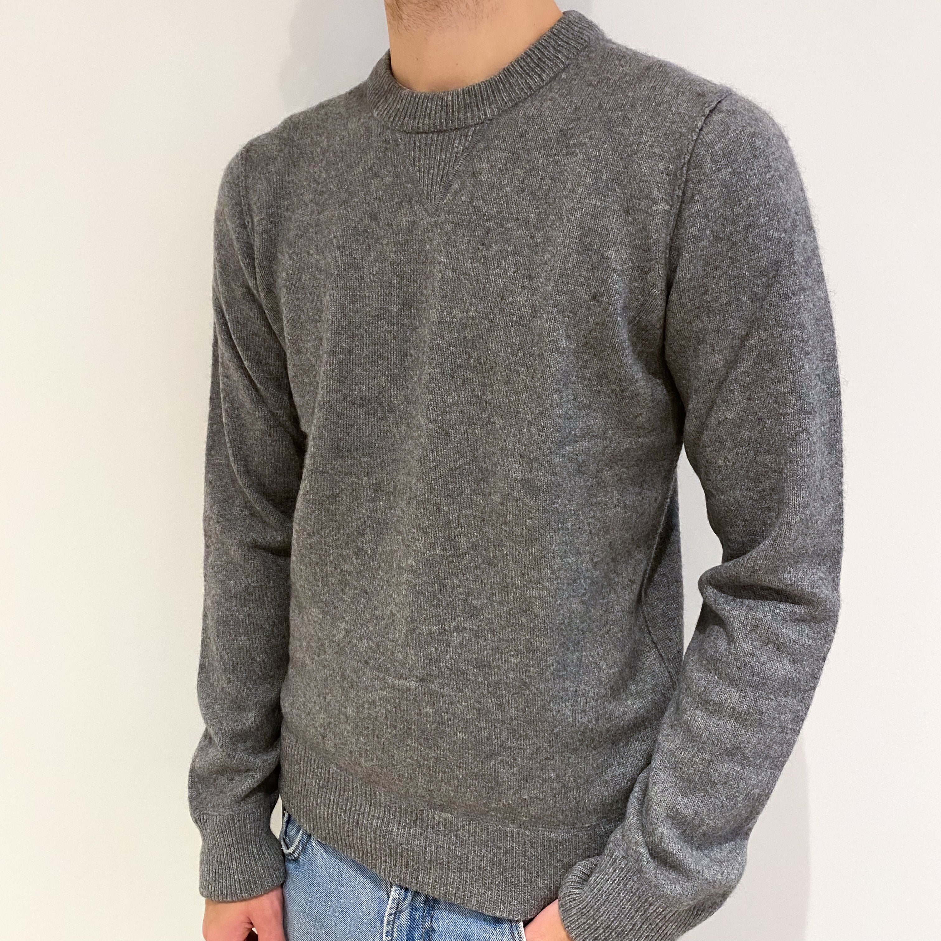 Men's Ash Grey Cashmere Crew Neck Jumper Large