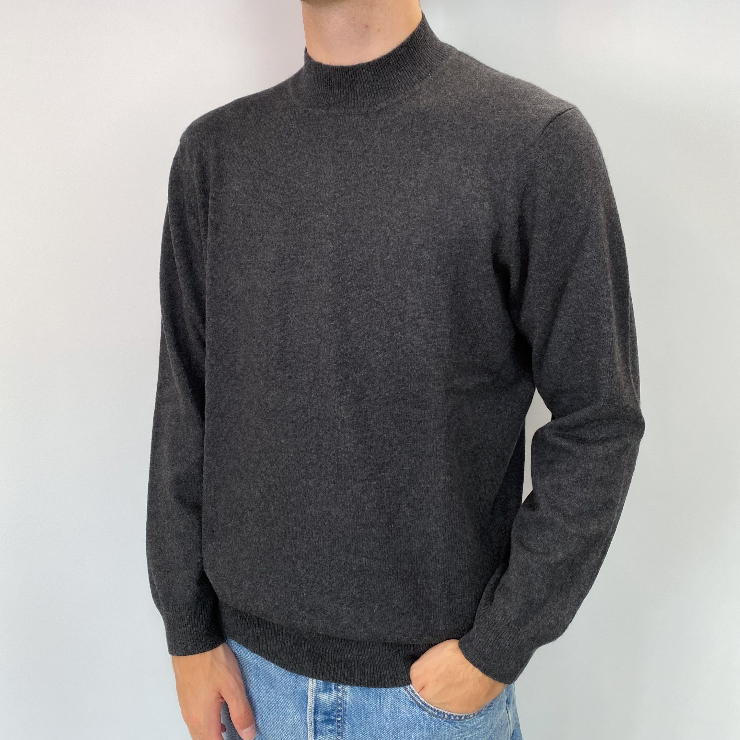 Men's Charcoal Grey Cashmere Turtle Neck Jumper Large