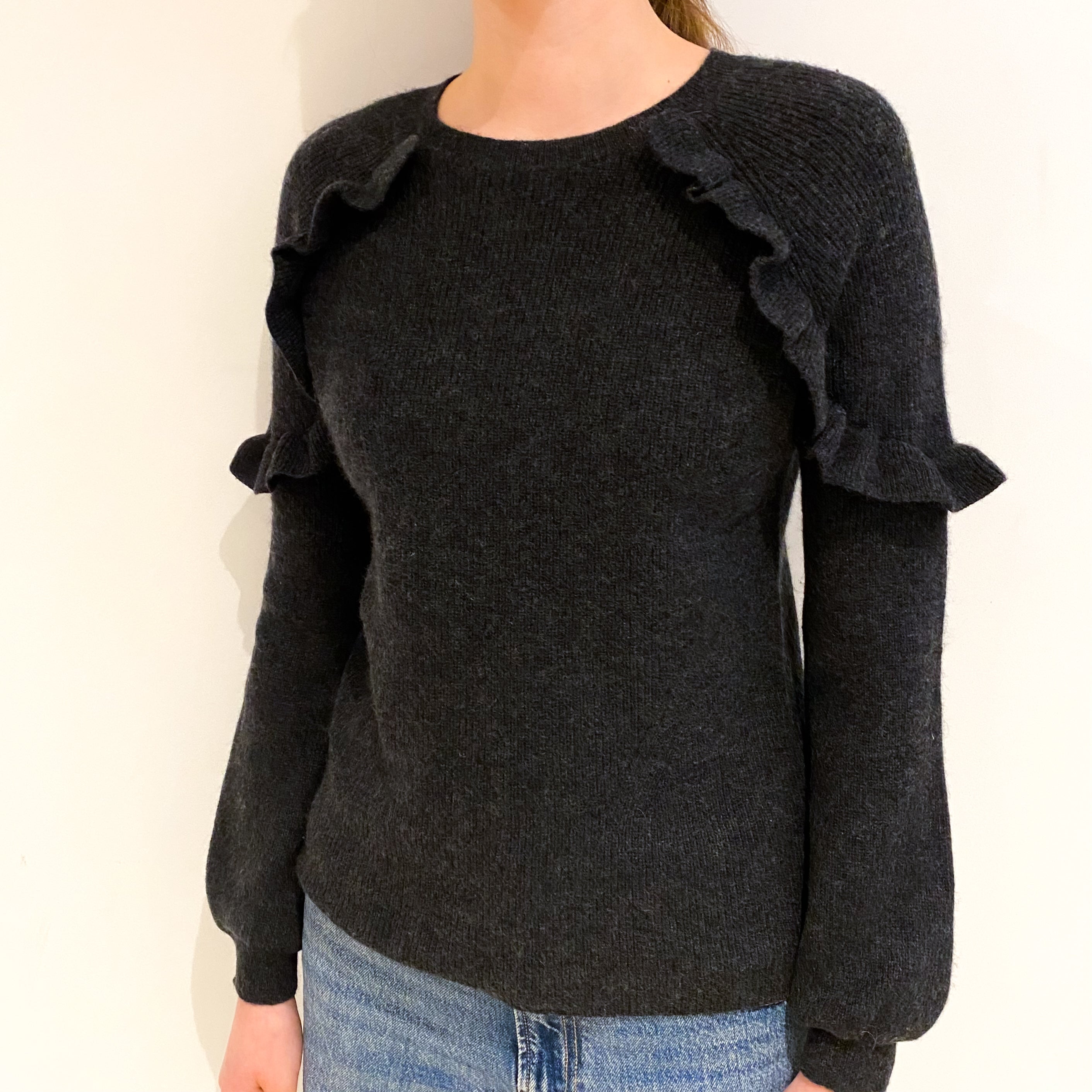 Charcoal Frill Cashmere Crew Neck Jumper Extra Small