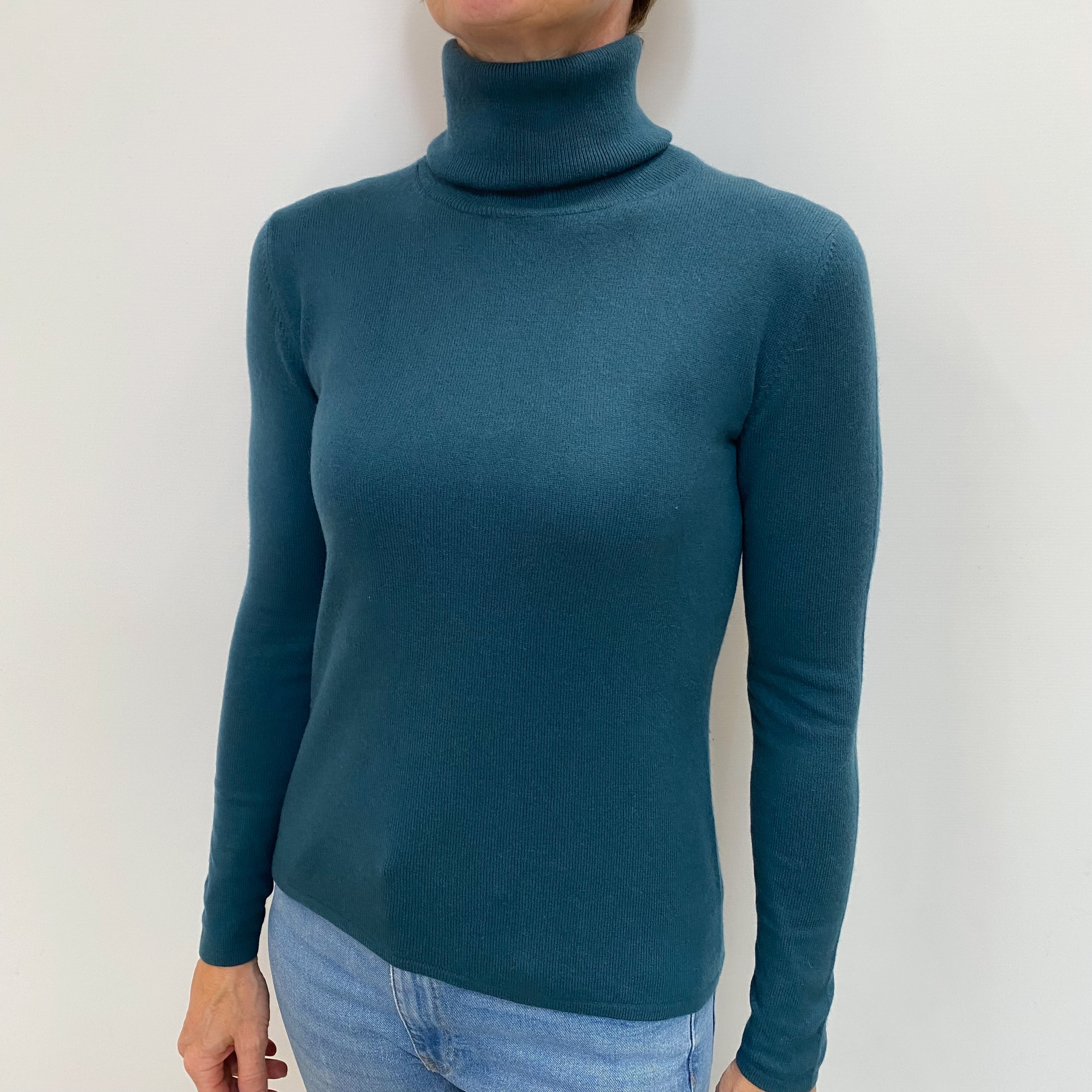 Petrol Blue Cashmere Polo Neck Jumper Small