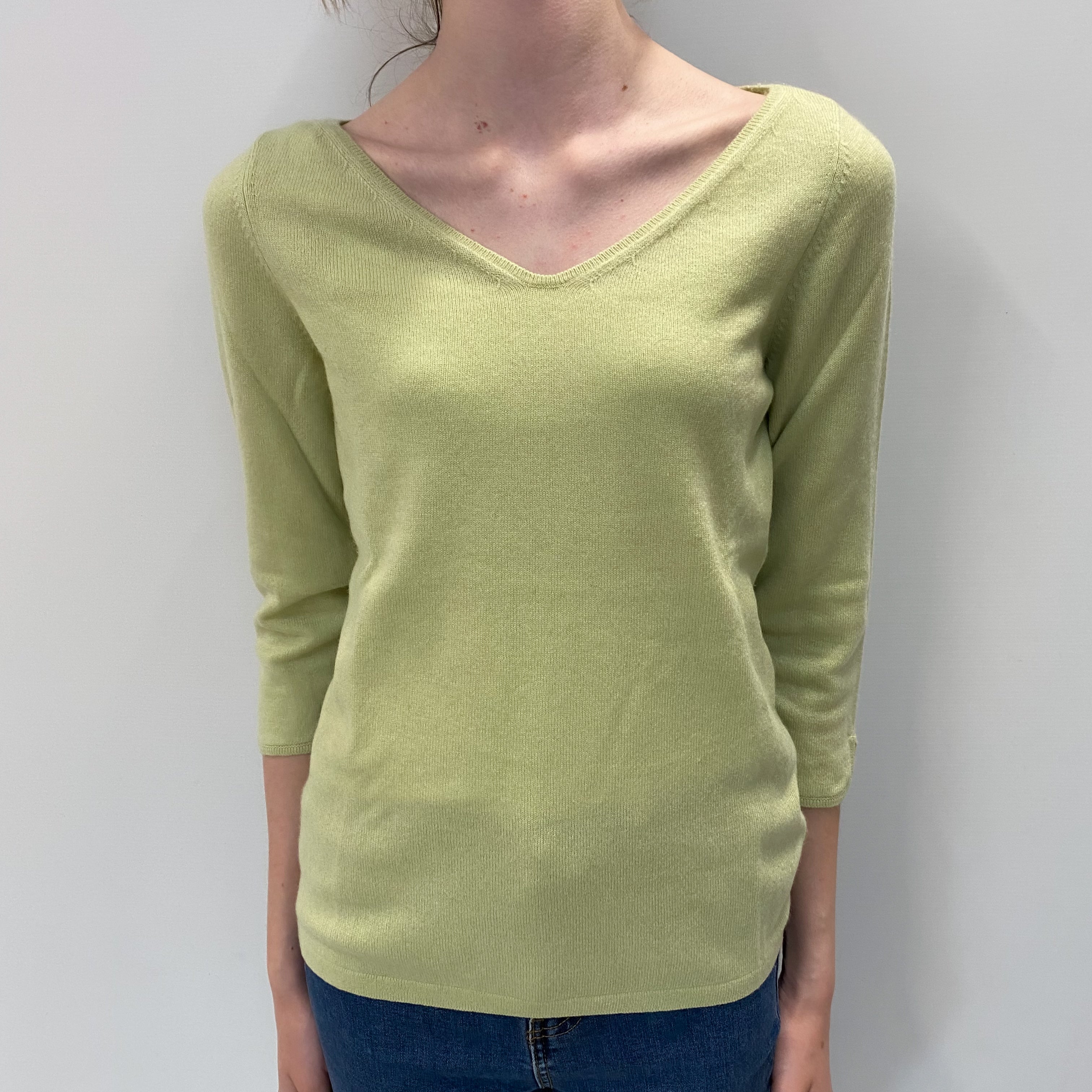 Soft Lime Green Cashmere Wide V Neck Jumper Extra Small