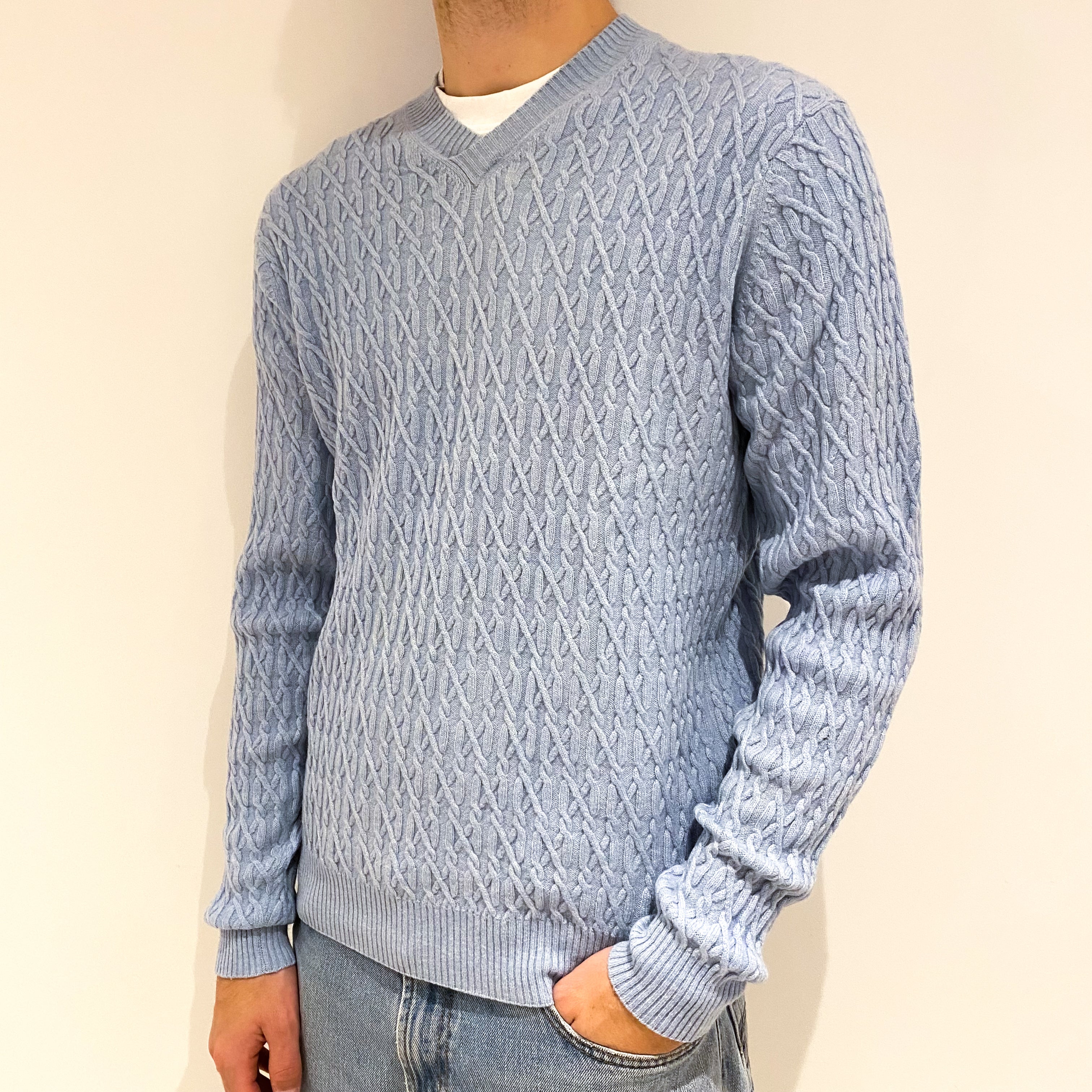 Men's Powder Blue Fancy Knit Cashmere V-Neck Jumper Large