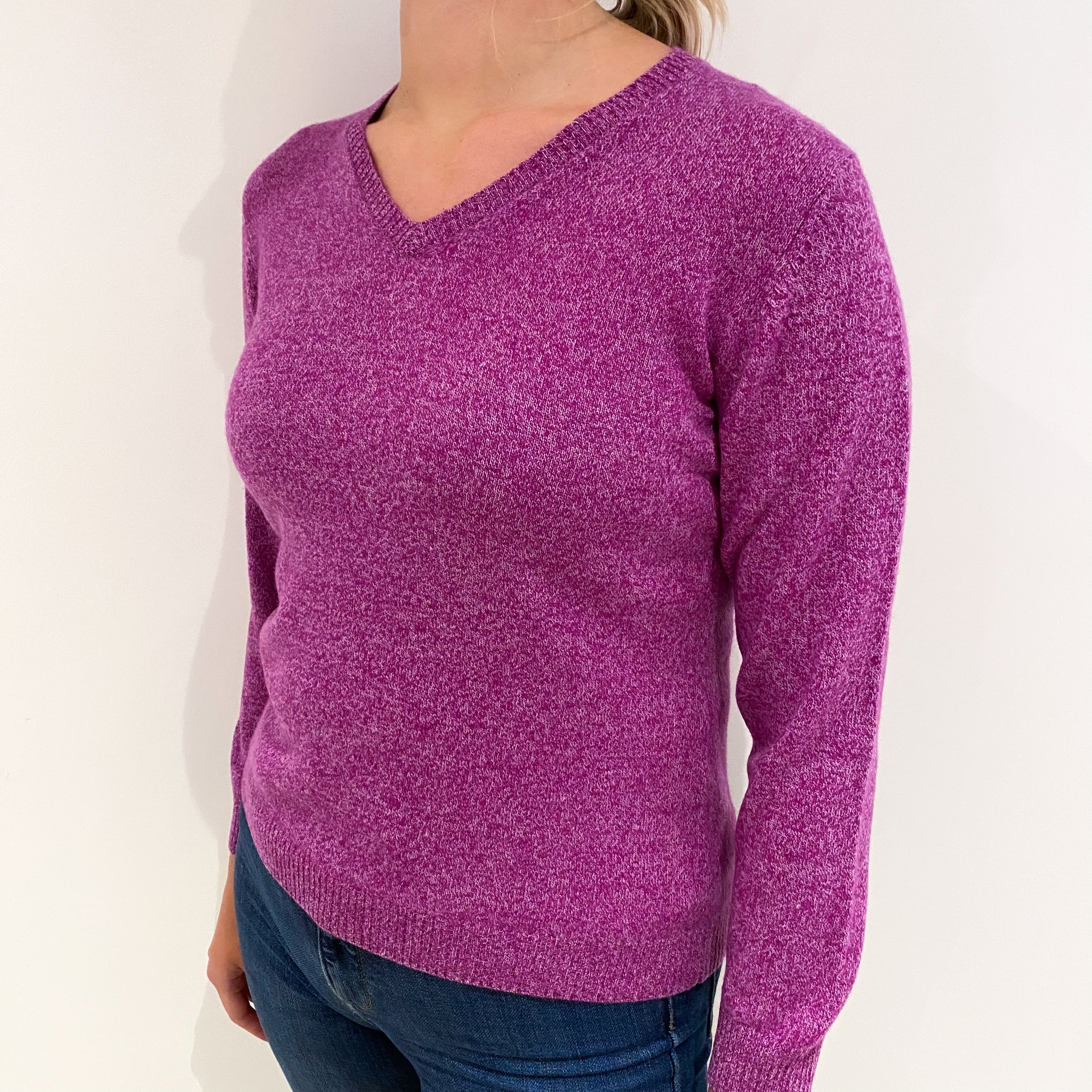 Magenta Pink Marl Cashmere V Neck Jumper Small