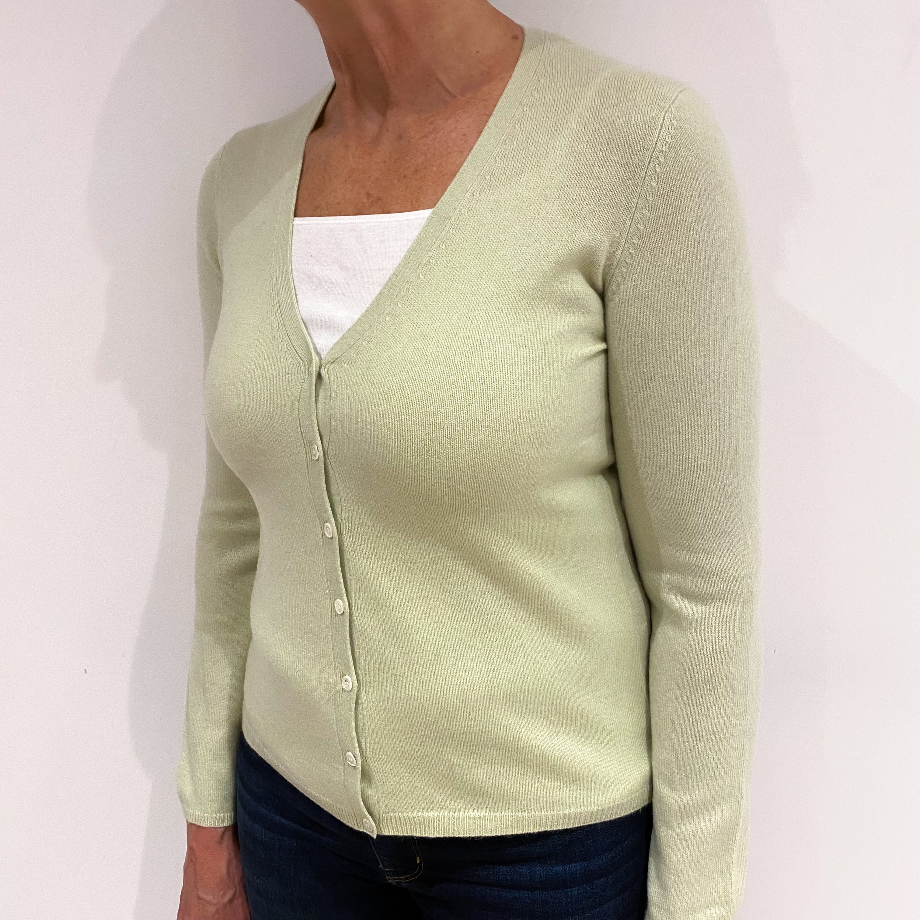 Avocado Green Cashmere V Neck Cardigan Medium