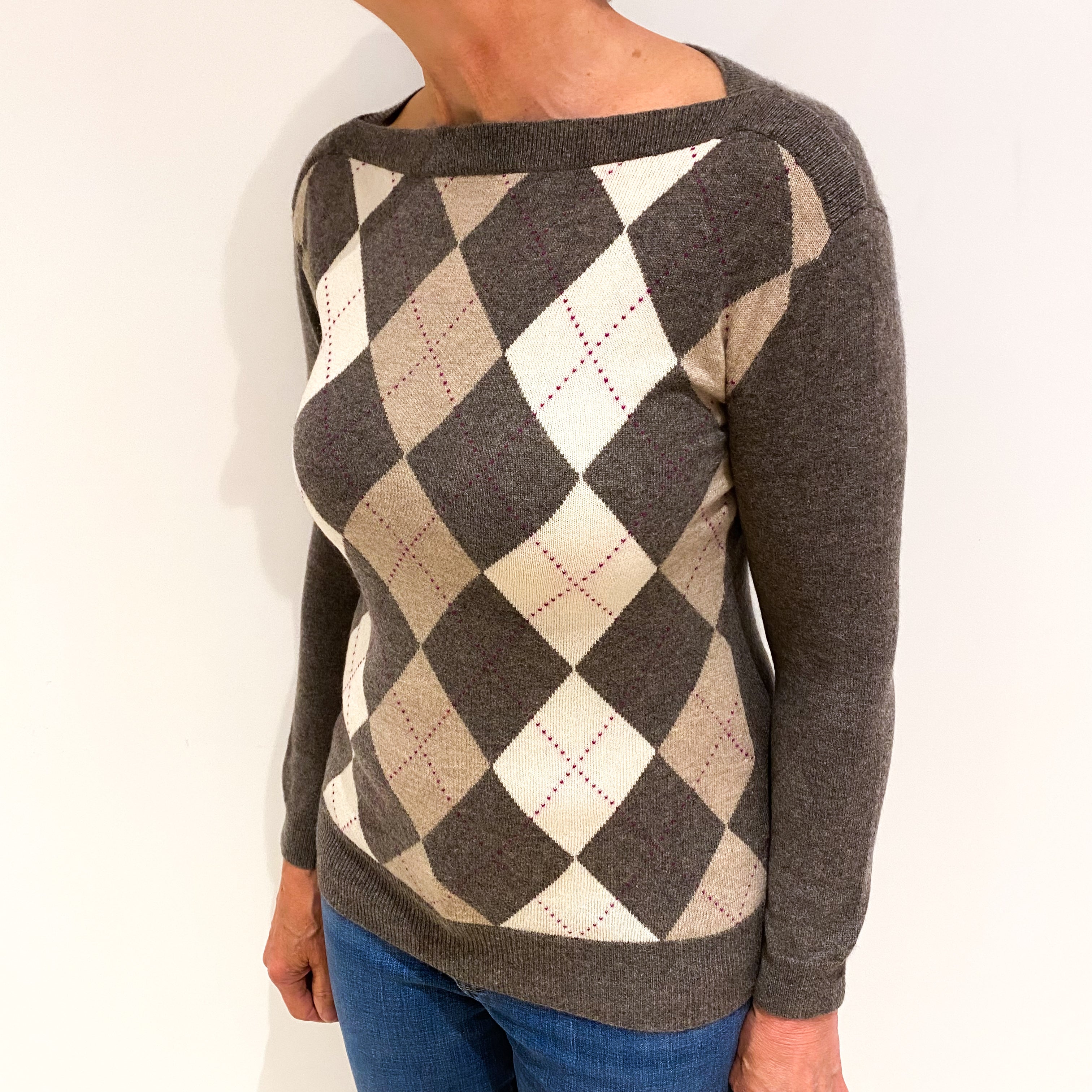 Mocha Brown Argyle Cashmere Boat Neck Jumper Medium