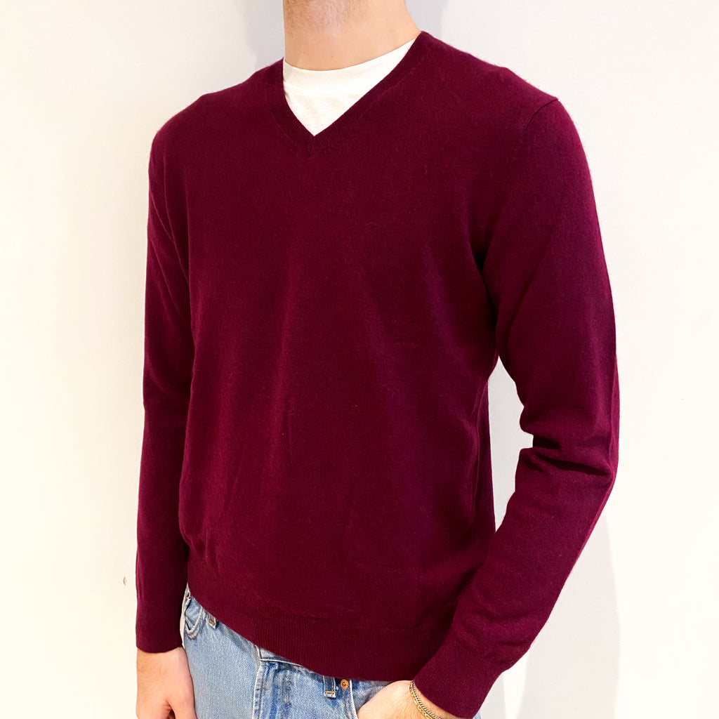 Men's Mulberry Red Cashmere V Neck Jumper Medium