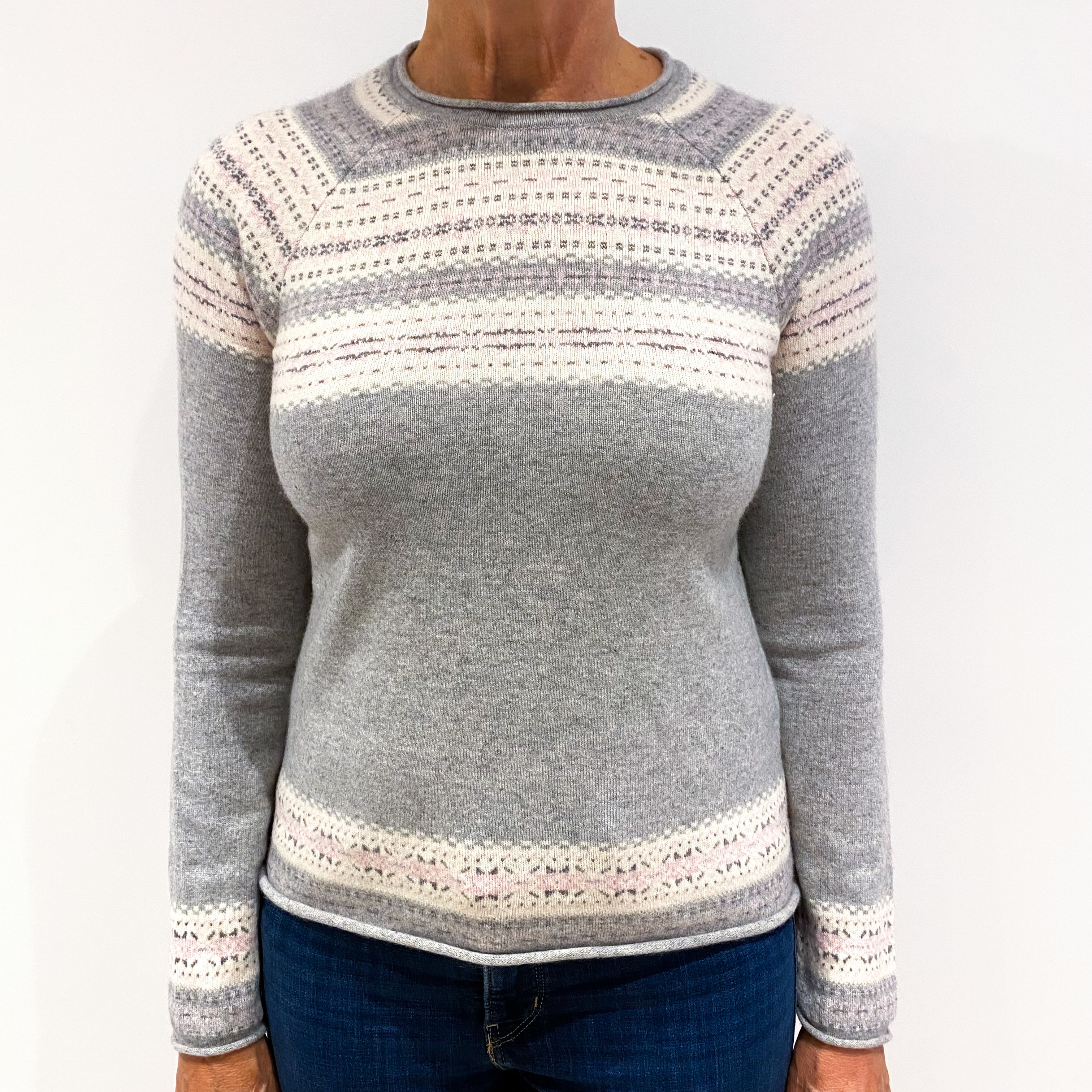 Smoke Grey Fair Isle Cashmere Crew Neck Jumper Medium