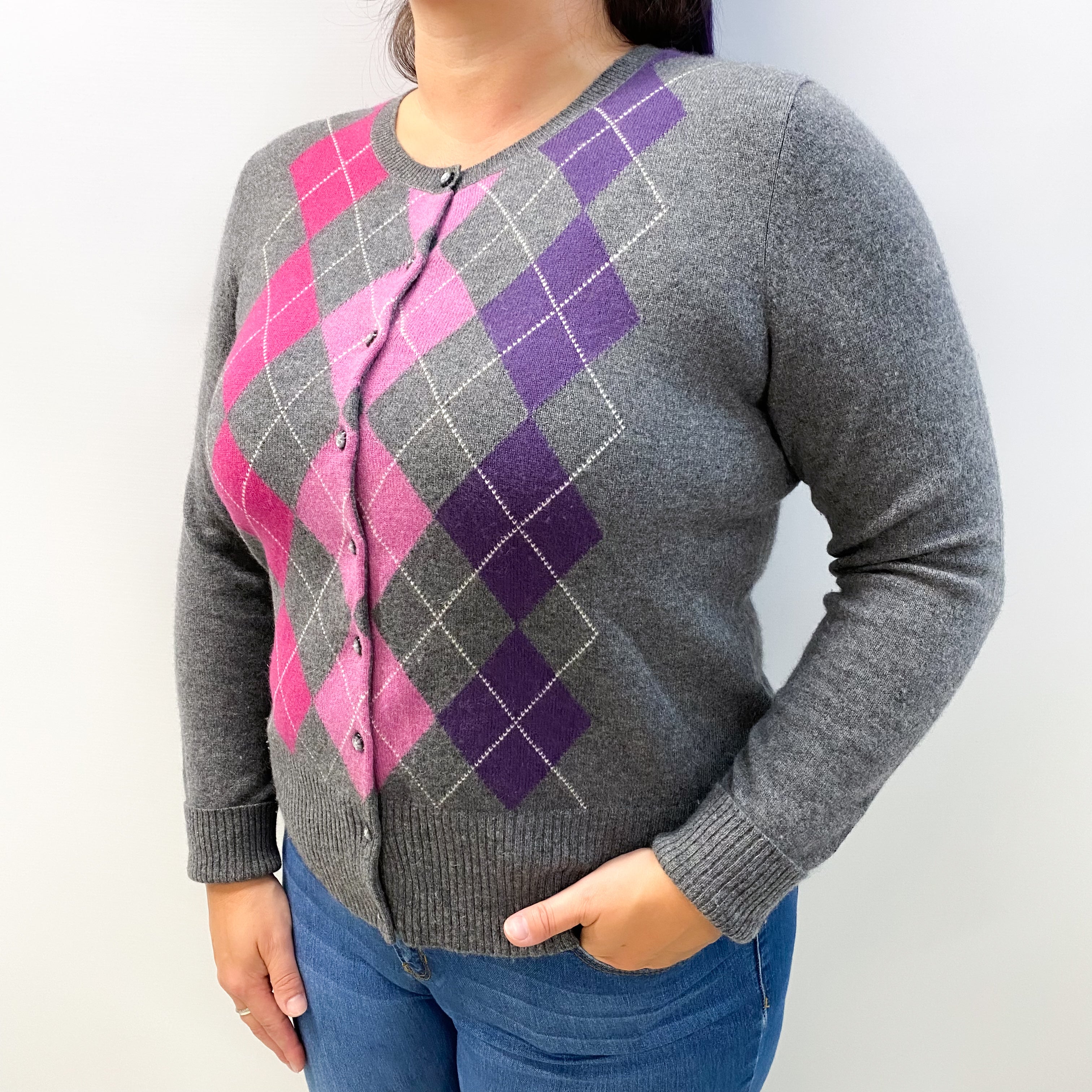 Slate Grey Argyle Cashmere Cardigan Large