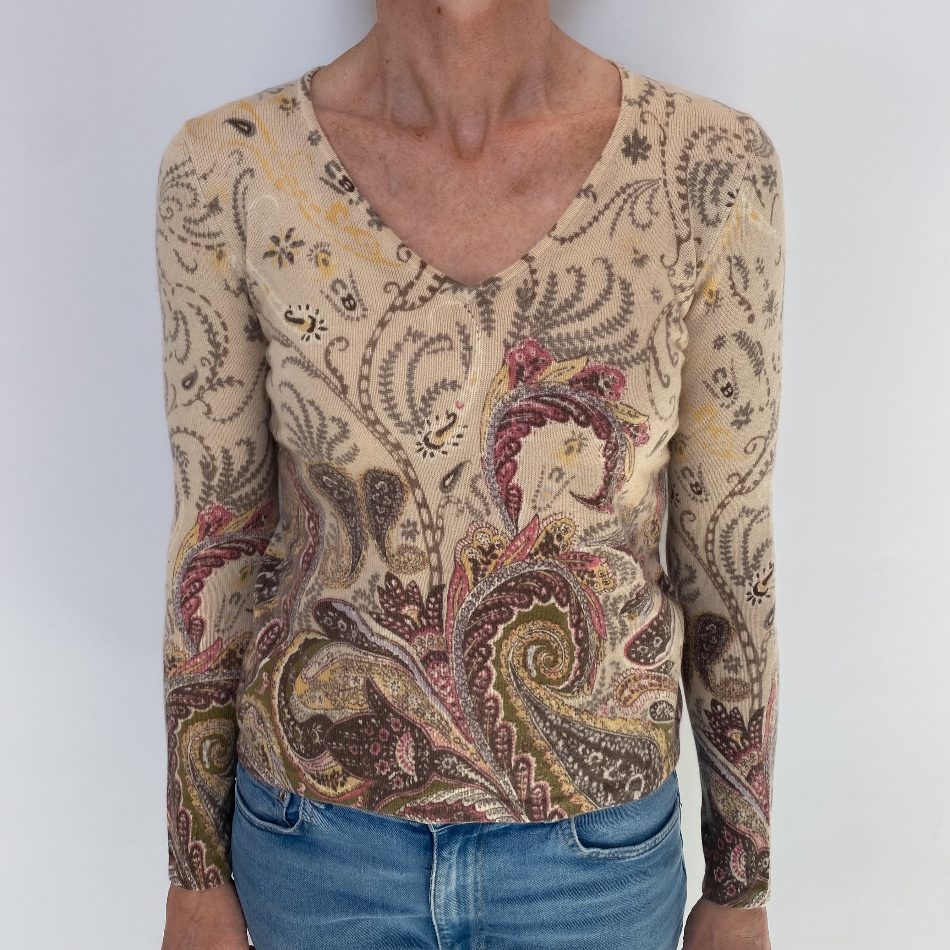 Beige Paisley Cashmere V Neck Jumper Small