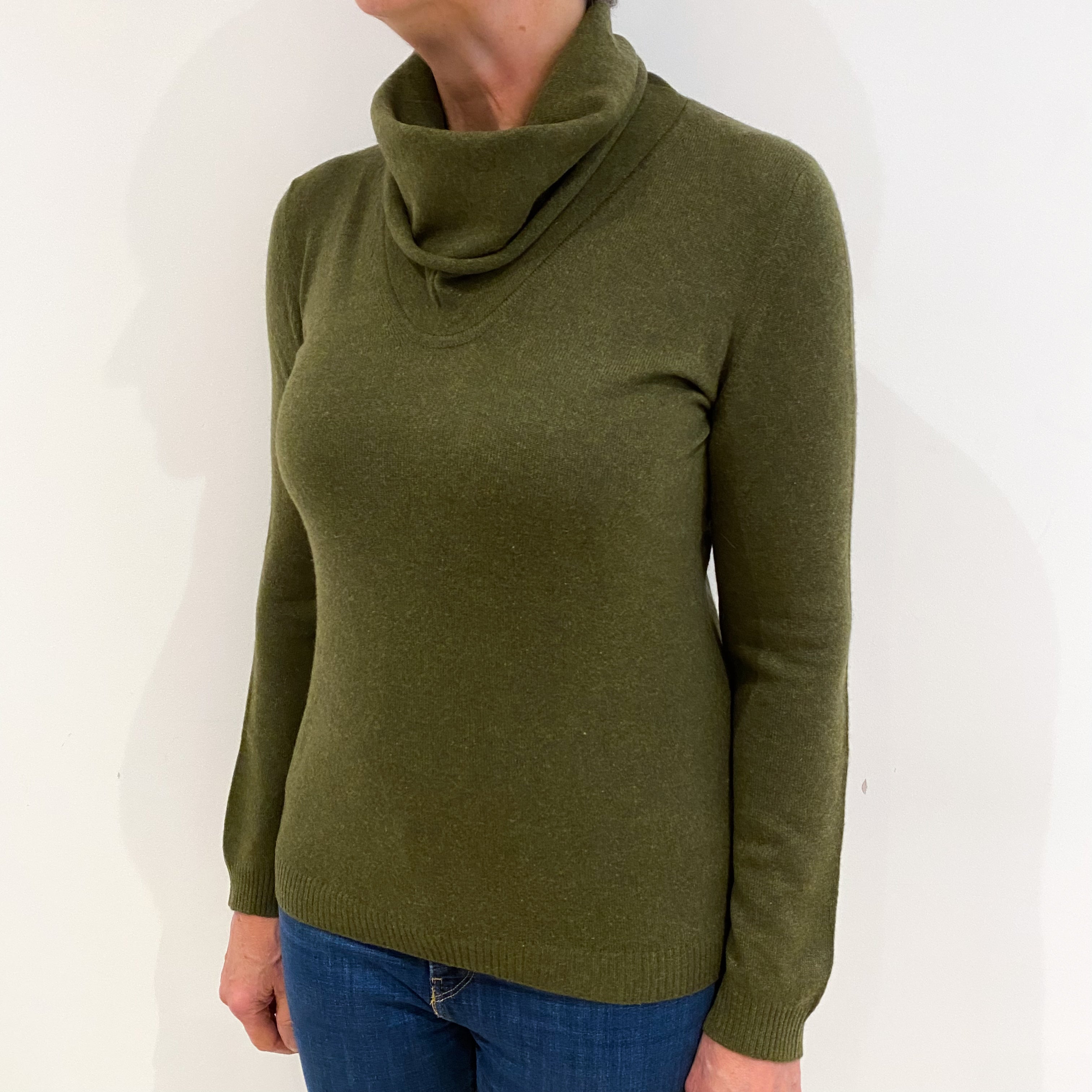 Deep Moss Green Cashmere Cowl Neck Jumper Medium