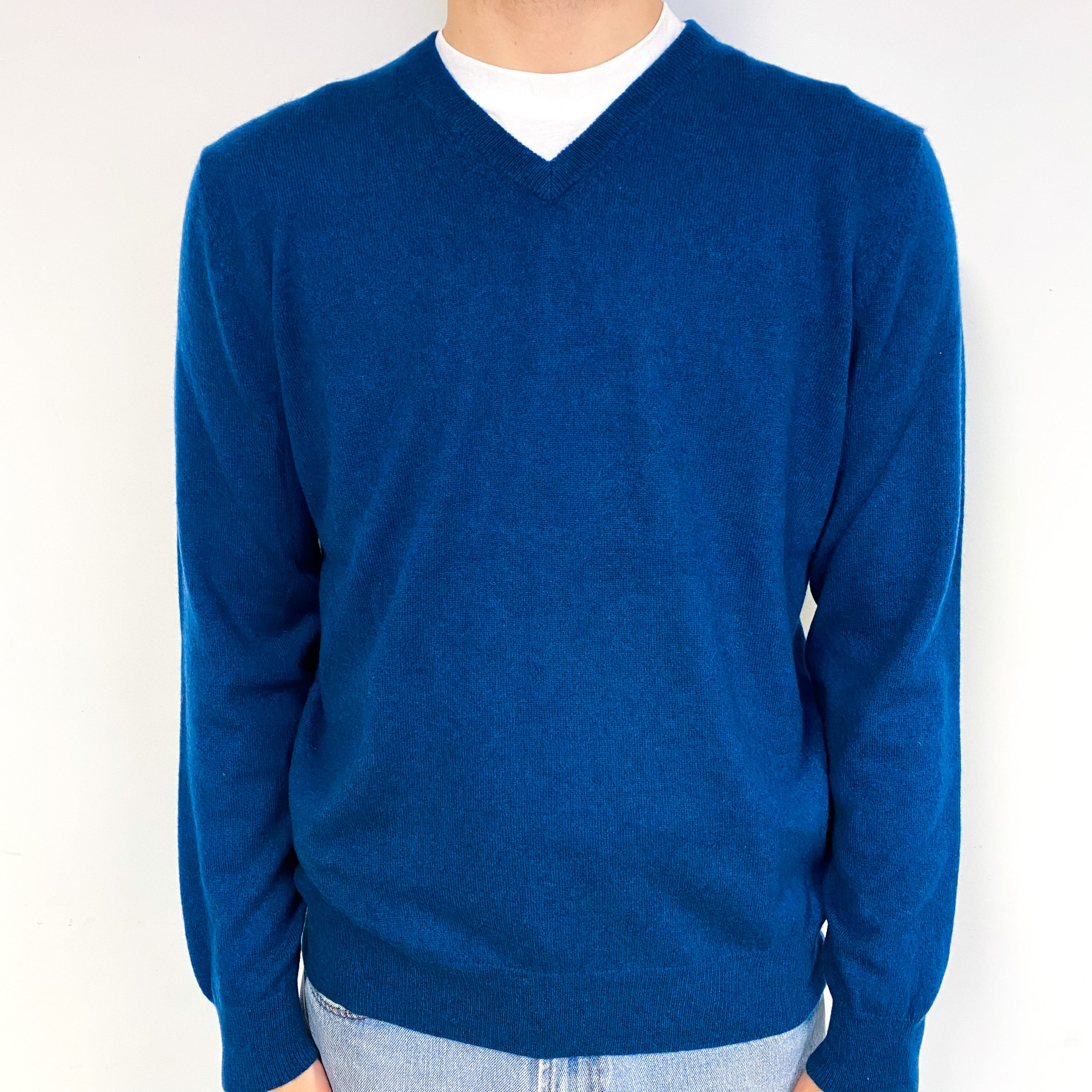 Men's Petrol Blue Cashmere V-Neck Jumper Large