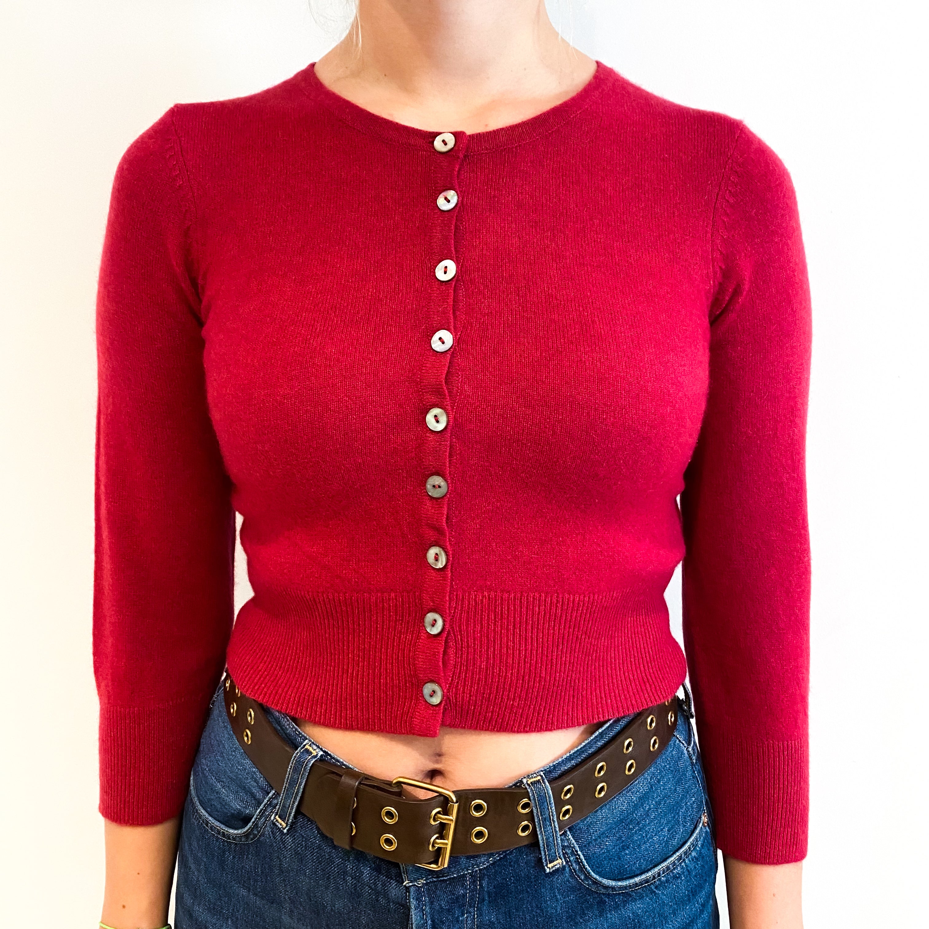 Raspberry Red Cashmere Crew Neck Cropped Cardigan Small