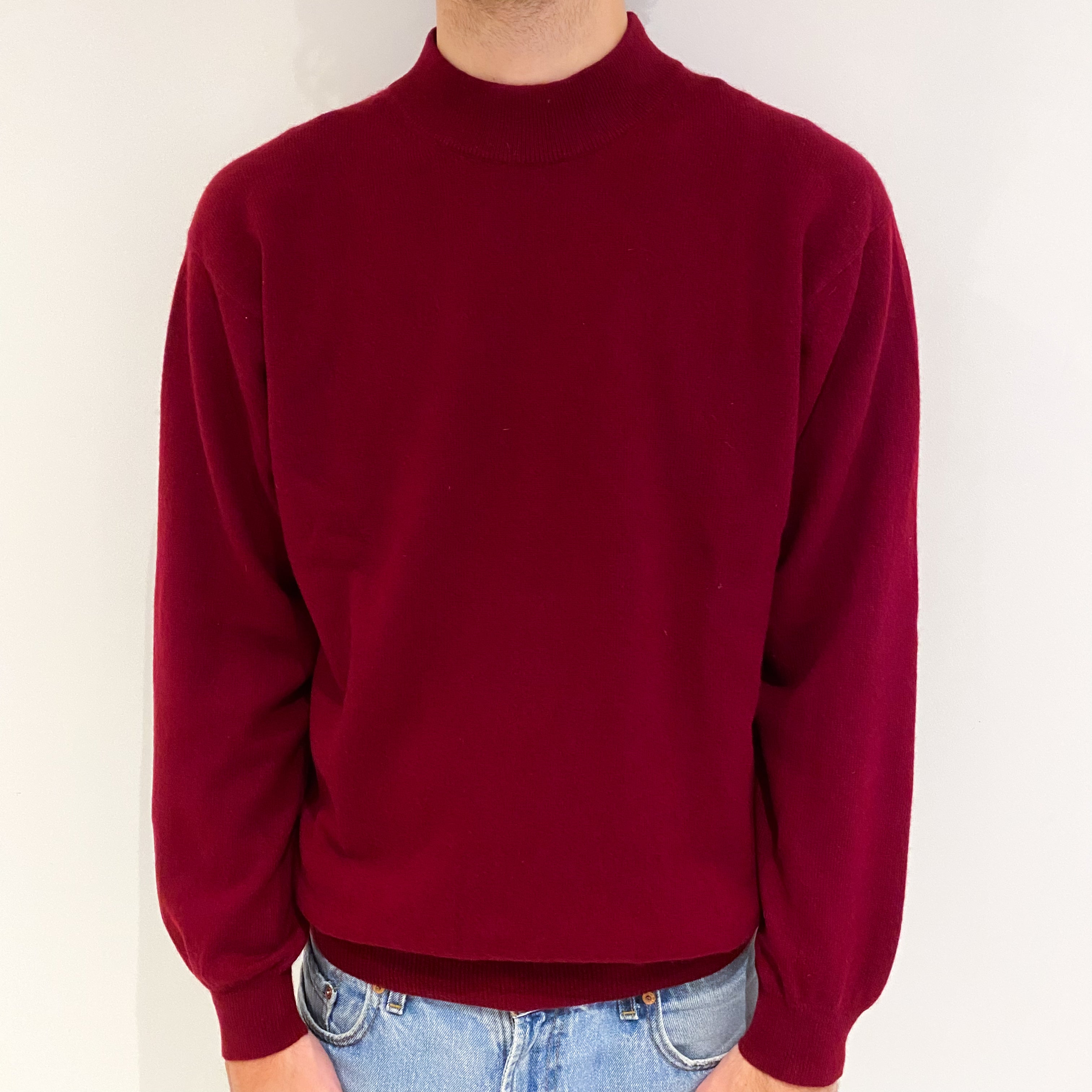 Men's Burgundy Red Cashmere Turtle Neck Jumper Large