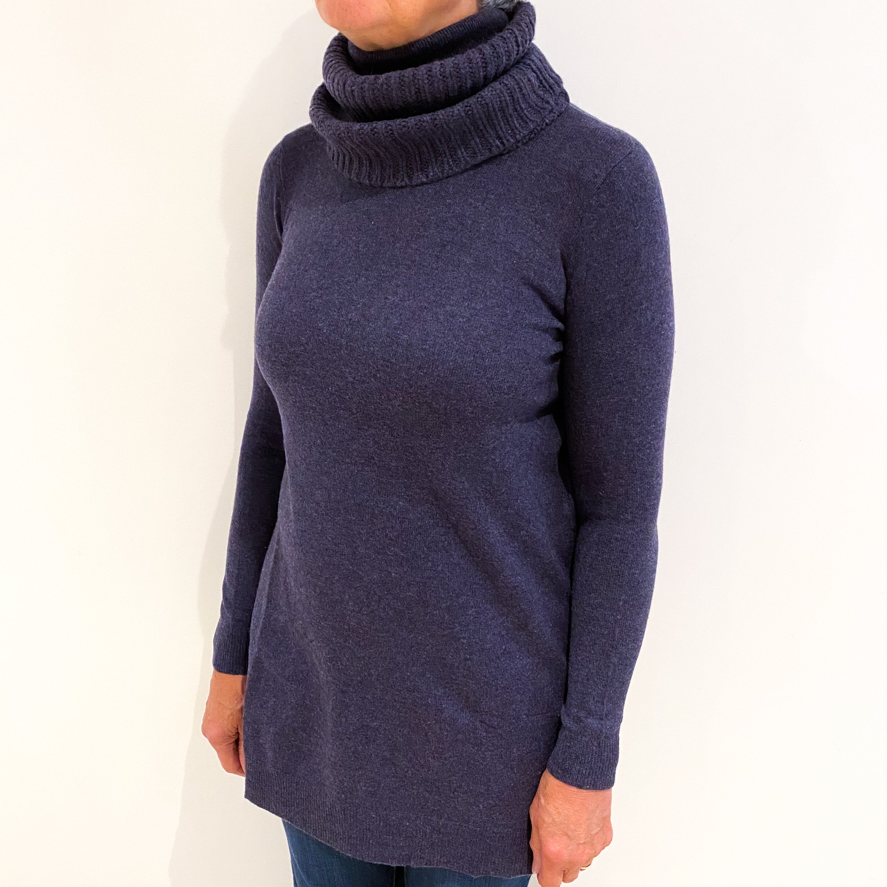 Theory Dark Denim Chunky Longline Cashmere Polo Neck Jumper Medium