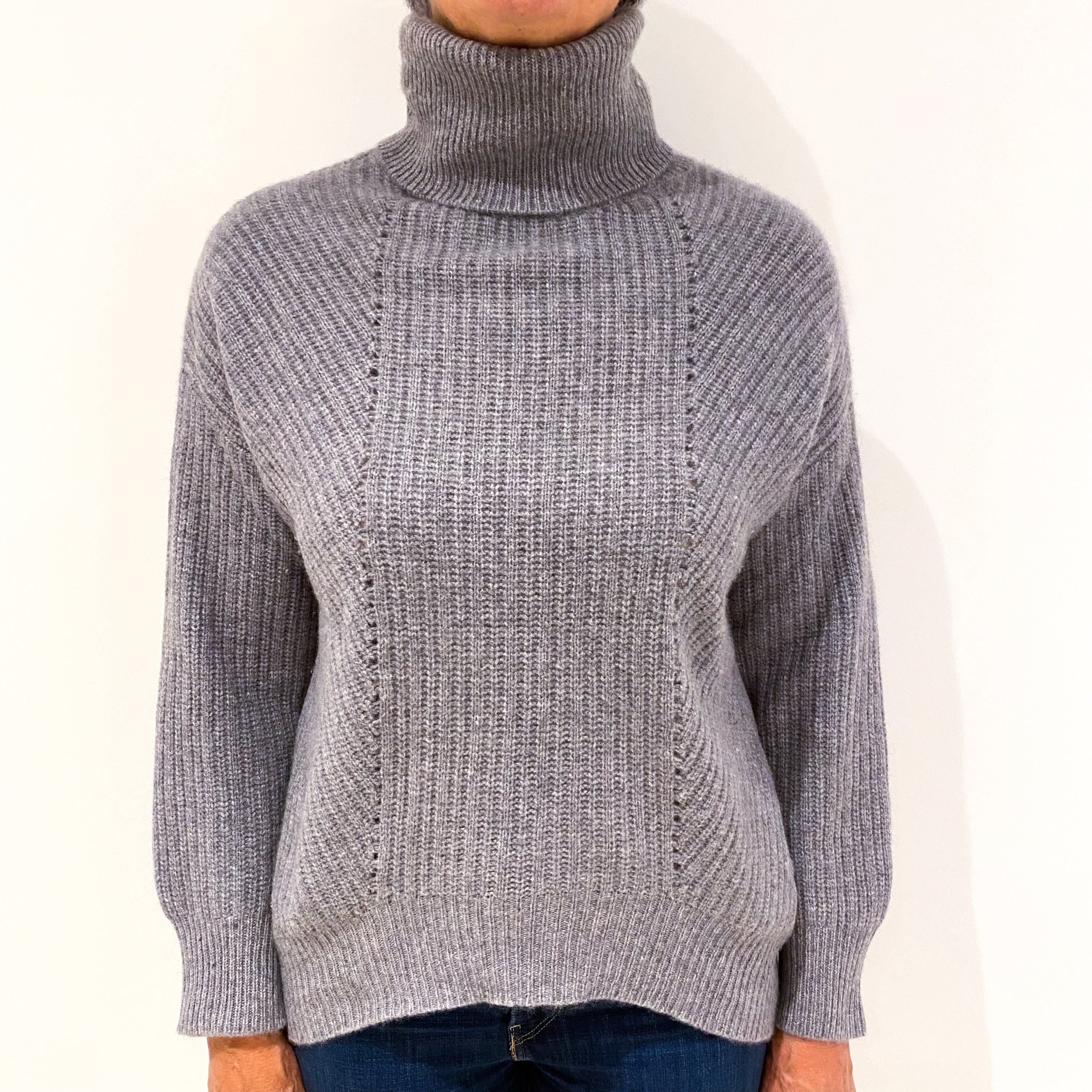 Ash Grey Chunky Cashmere Polo Neck Jumper Medium