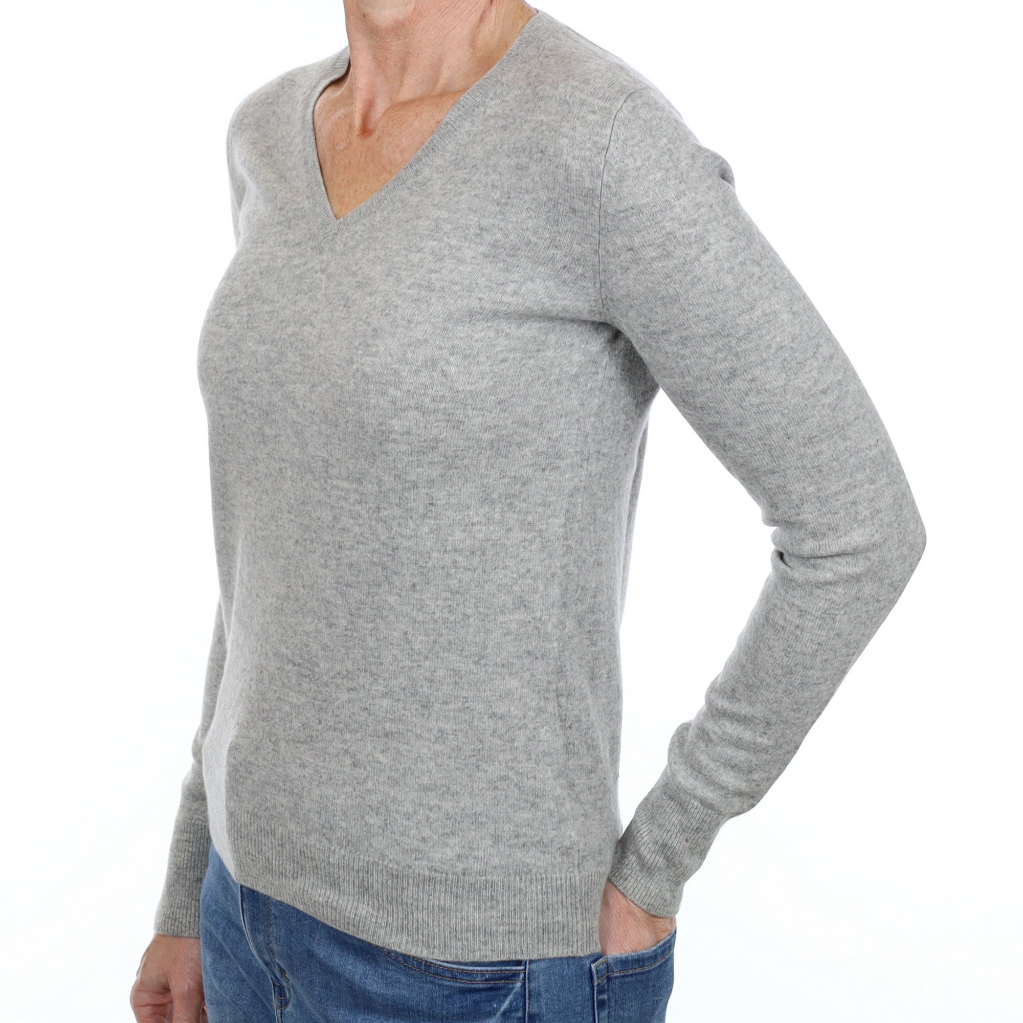Mist Grey Cashmere V Neck Jumper Small