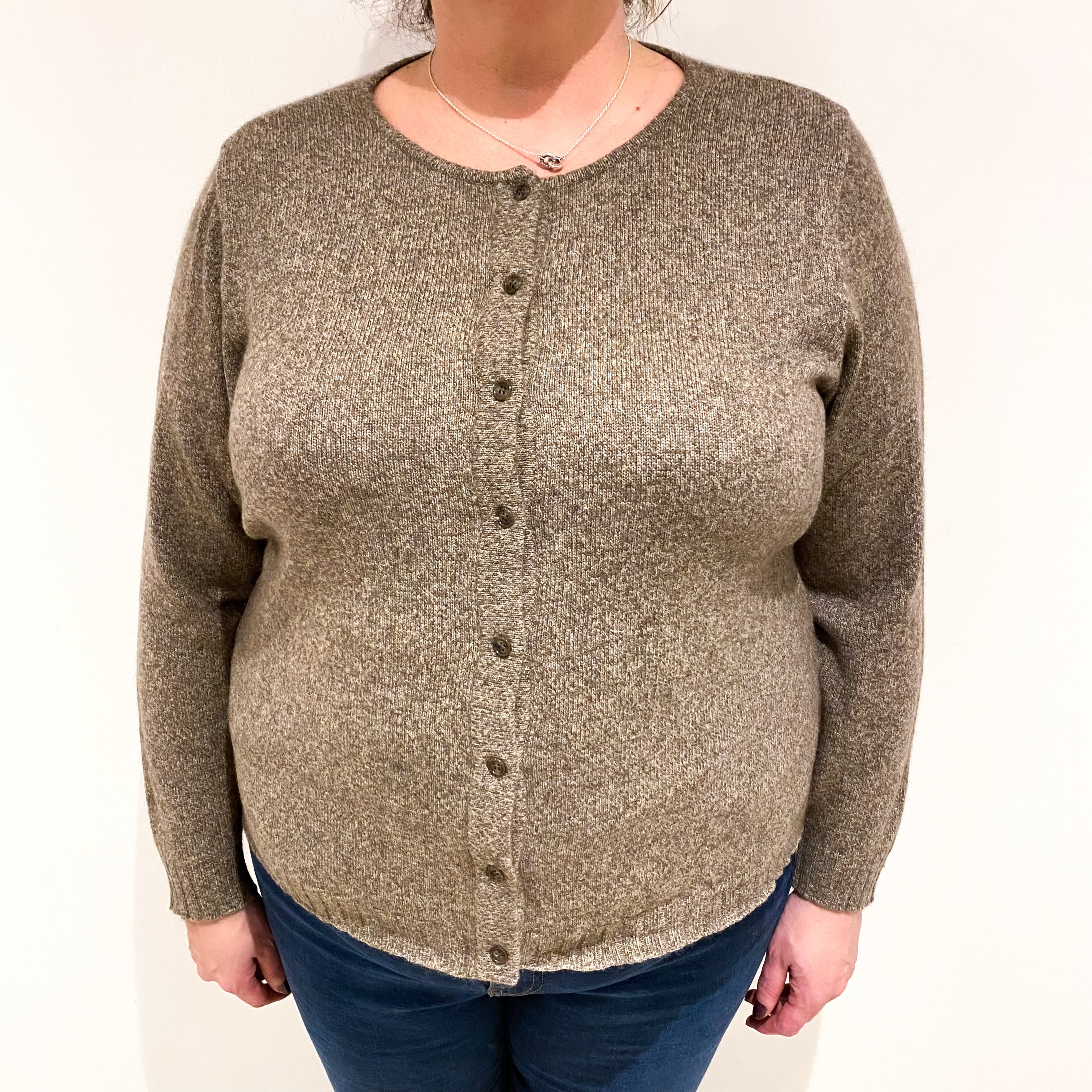 Taupe Brown Marl Cashmere Crew Neck Cardigan Extra Large