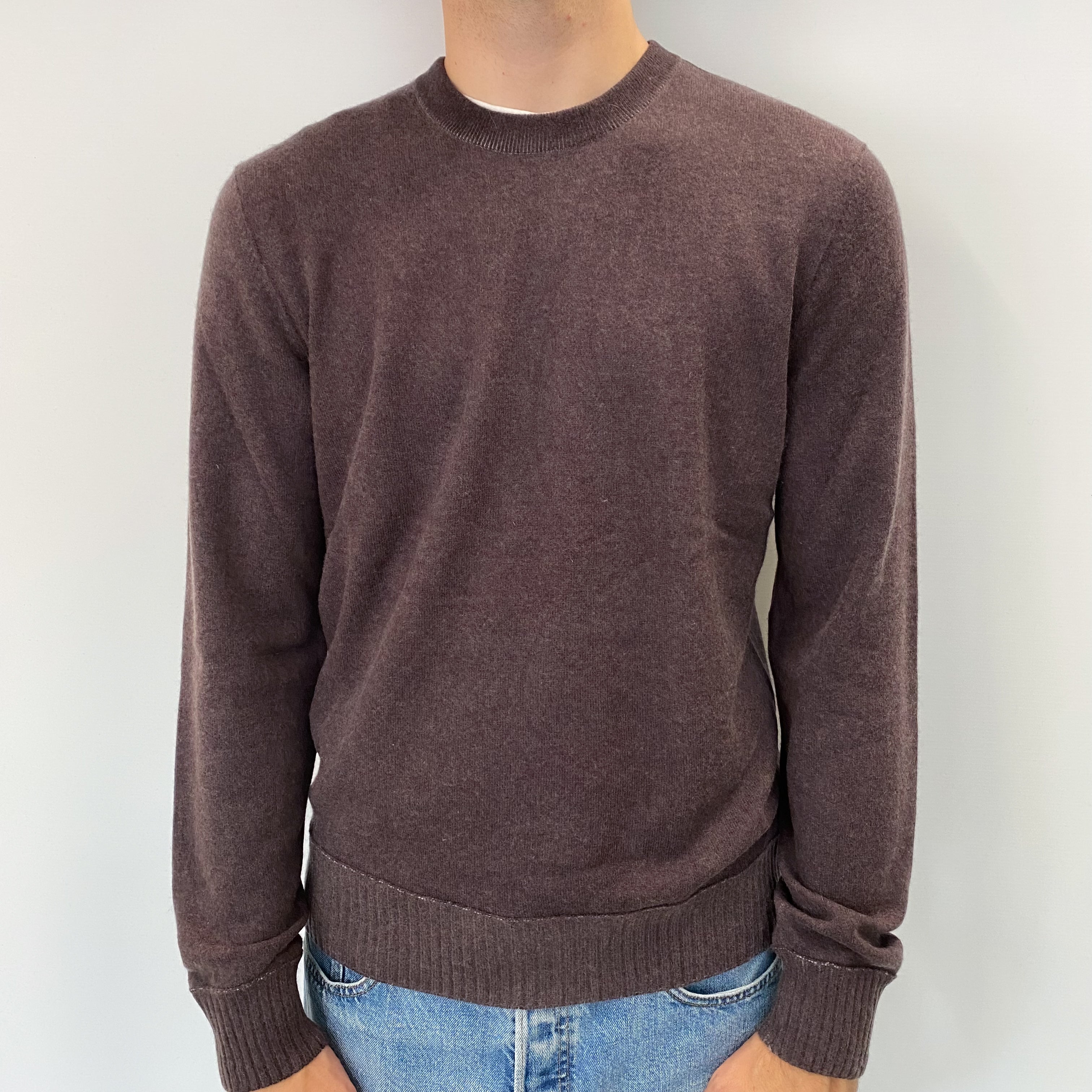 Men's Mole Brown Cashmere Crew Neck Jumper Large