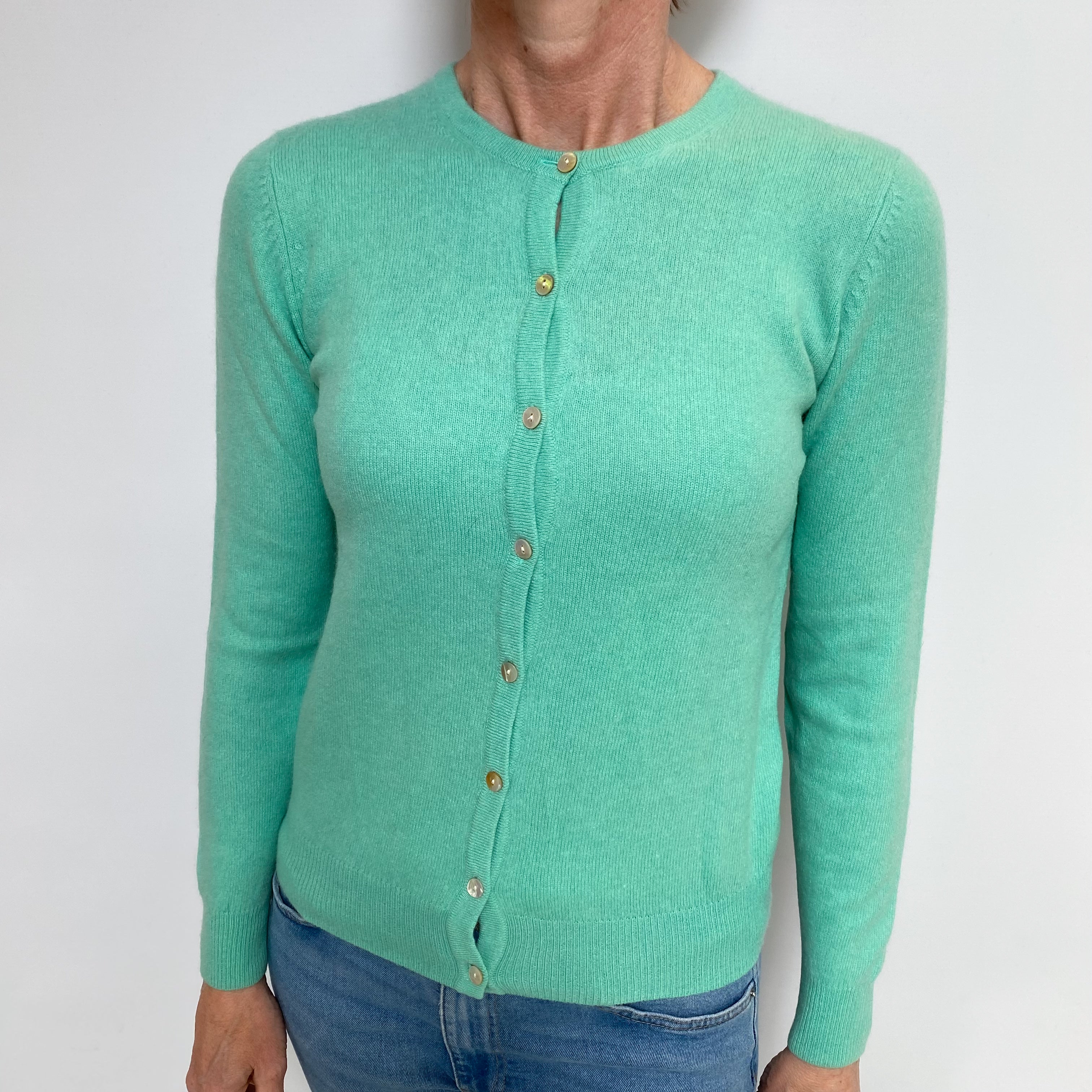 Sea Foam Green Cashmere Crew Neck Cardigan Small